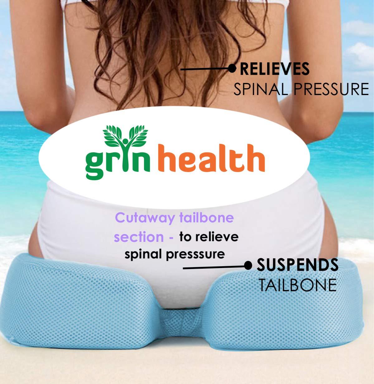 Grin Health Grin Health High Density Coccyx Seat Cushion for Tailbone, Sciatica, Hip Lower Back Pain Relief, Orthopedic Memory Foam Chair Cushions for Long Sitting for Office/Home Chair (Light Blue)