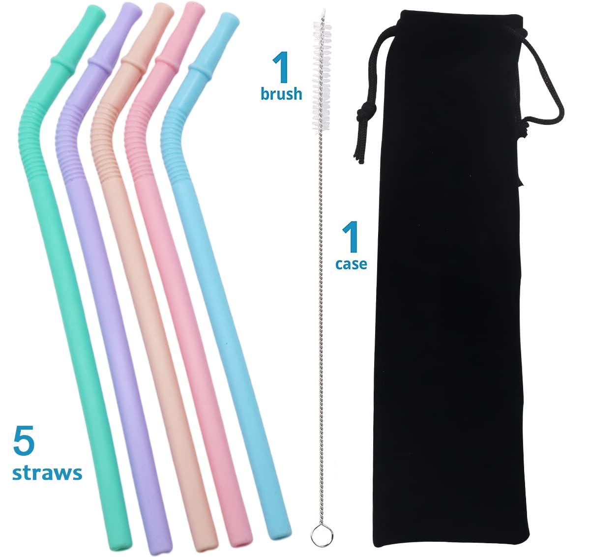 HASTHIP HASTHIP® 5Pcs Silicone Straws, Reusable Silicon Straws, Colorful Flexible BPA Free Foodgrade Silicon 8.4Inch Portable Straws for 20 oz 30 oz Water Glasses with Cloth Bag and Cleaning Brush