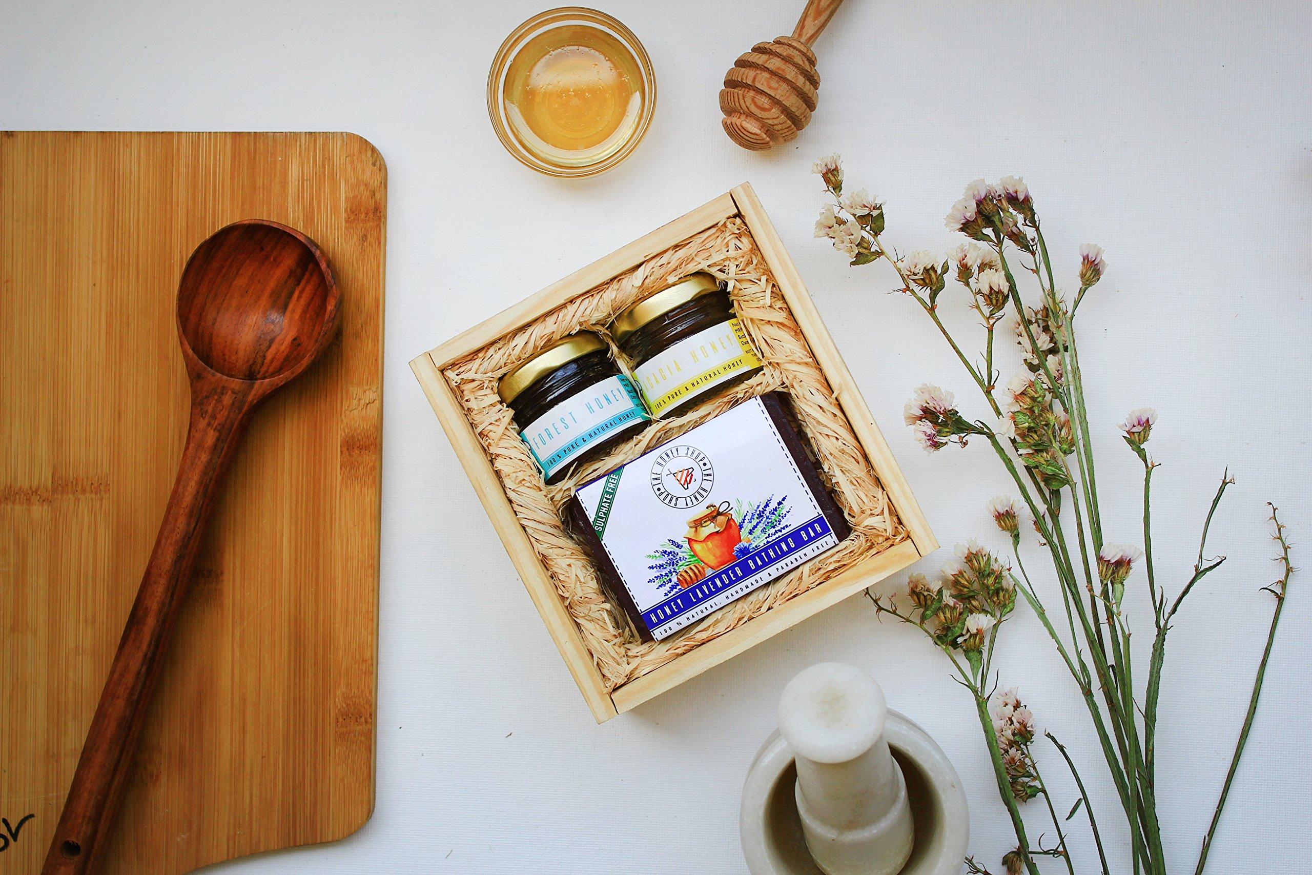 The Honey Shop THE HONEY SHOP - Honey Bloom Gift Hamper - Healthy & Natural, Packed in Hand Crafted Pine Wood Box (Pack of 1)