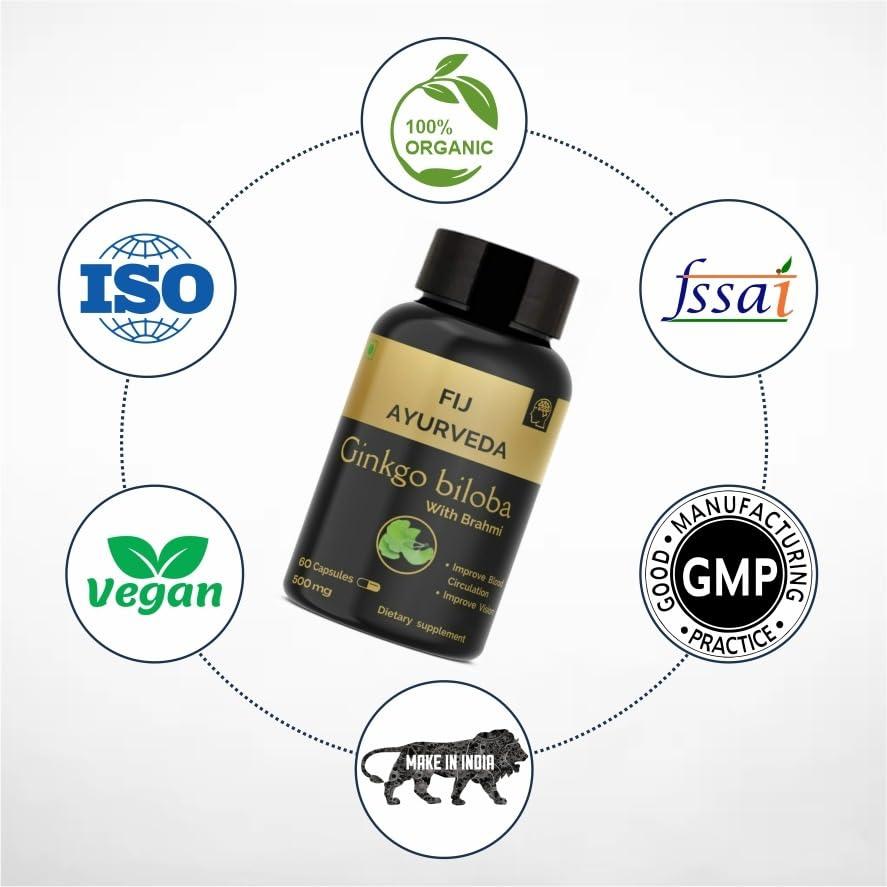 FIJ AYURVEDA FIJ AYURVEDA Ginkgo Biloba with Brahmi Extract Capsules - Supports Memory & Focus - 500mg 60 Count