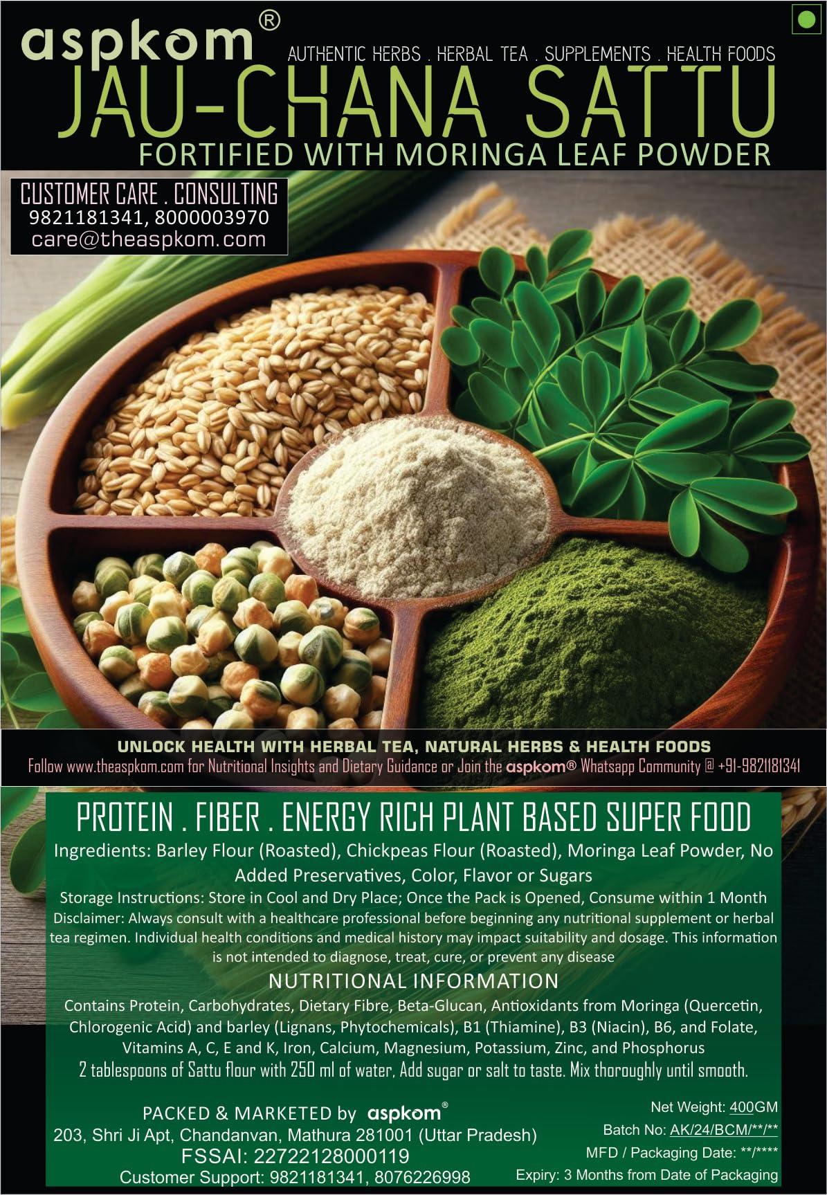 aspkom aspkom Organic Moringa Sattu Protein Powder 400g | Plant-Based Superfood | Energy & Immunity Booster | Multigrain Blend with Barley & Chickpeas | Herbal Protein Supplement