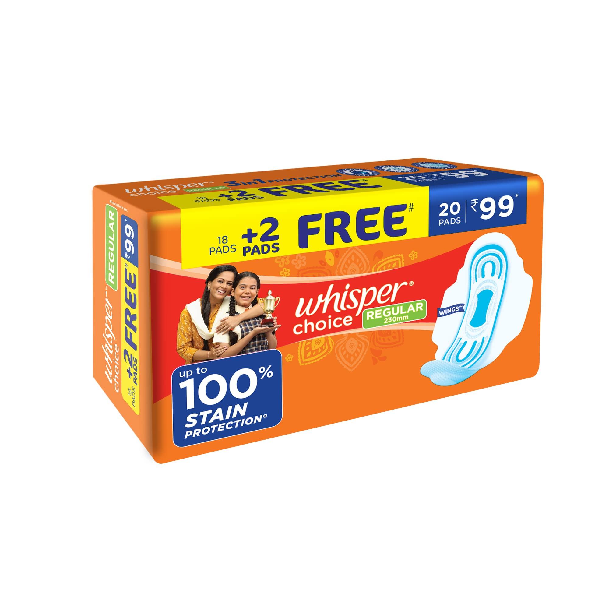 Whisper Whisper Clean and Fresh Daily Liners 20 Count Sanitary pads for women (Pack of 1) & Whisper Choice Sanitary Regular Pads for Women, Regular, Pack of 20 Napkins COMBO