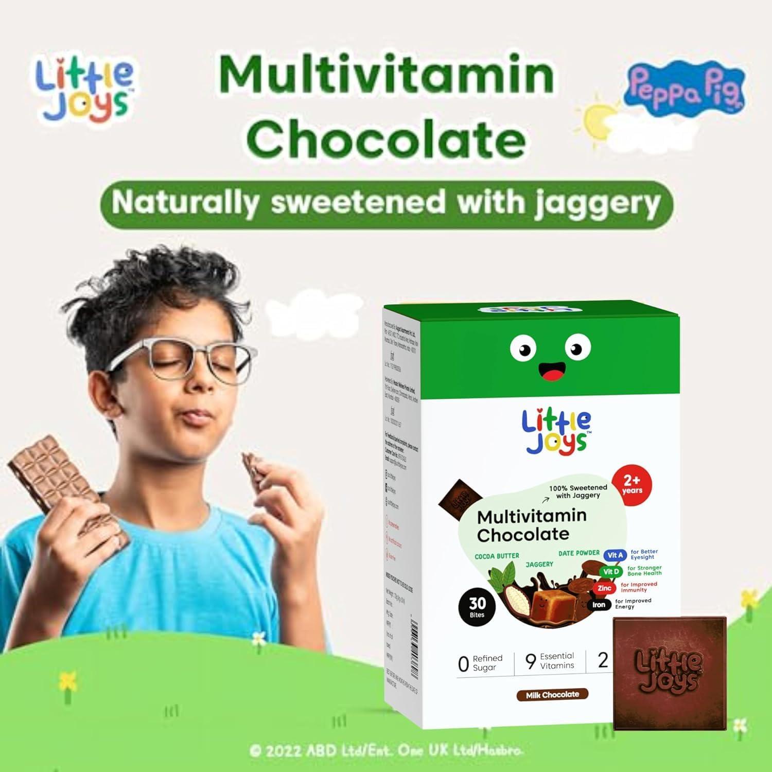Little Joys Little Joys Multivitamin Chocolate (2+ Years)|30 Multivitamin Chocolates|Naturally Sweetened With Jaggery|With B12, D2, B9, E, Iron, & Zinc|With No White Sugar|Pack Of 2 - Chewable Gummies