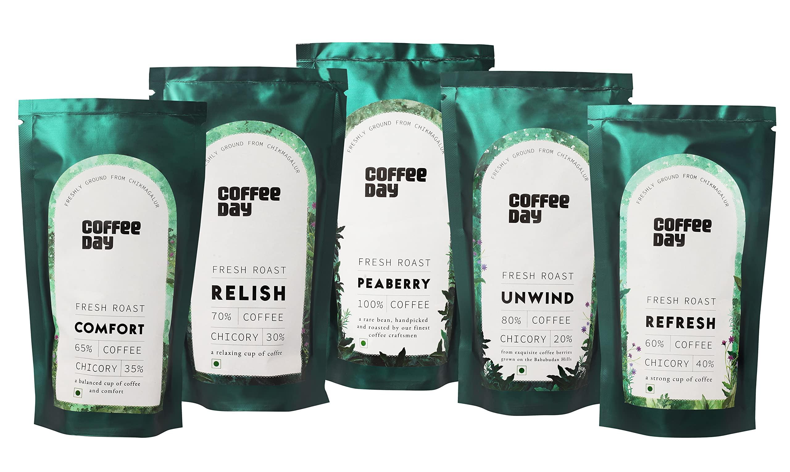 Cafe Coffee Day Cafe Coffee Day Filter Coffee Home Brew Pack | 5 Filter Coffee variants of Coffee Day - Starter Pack | Peaberry | Unwind | Relish | Refresh | Comfort - 75gm each