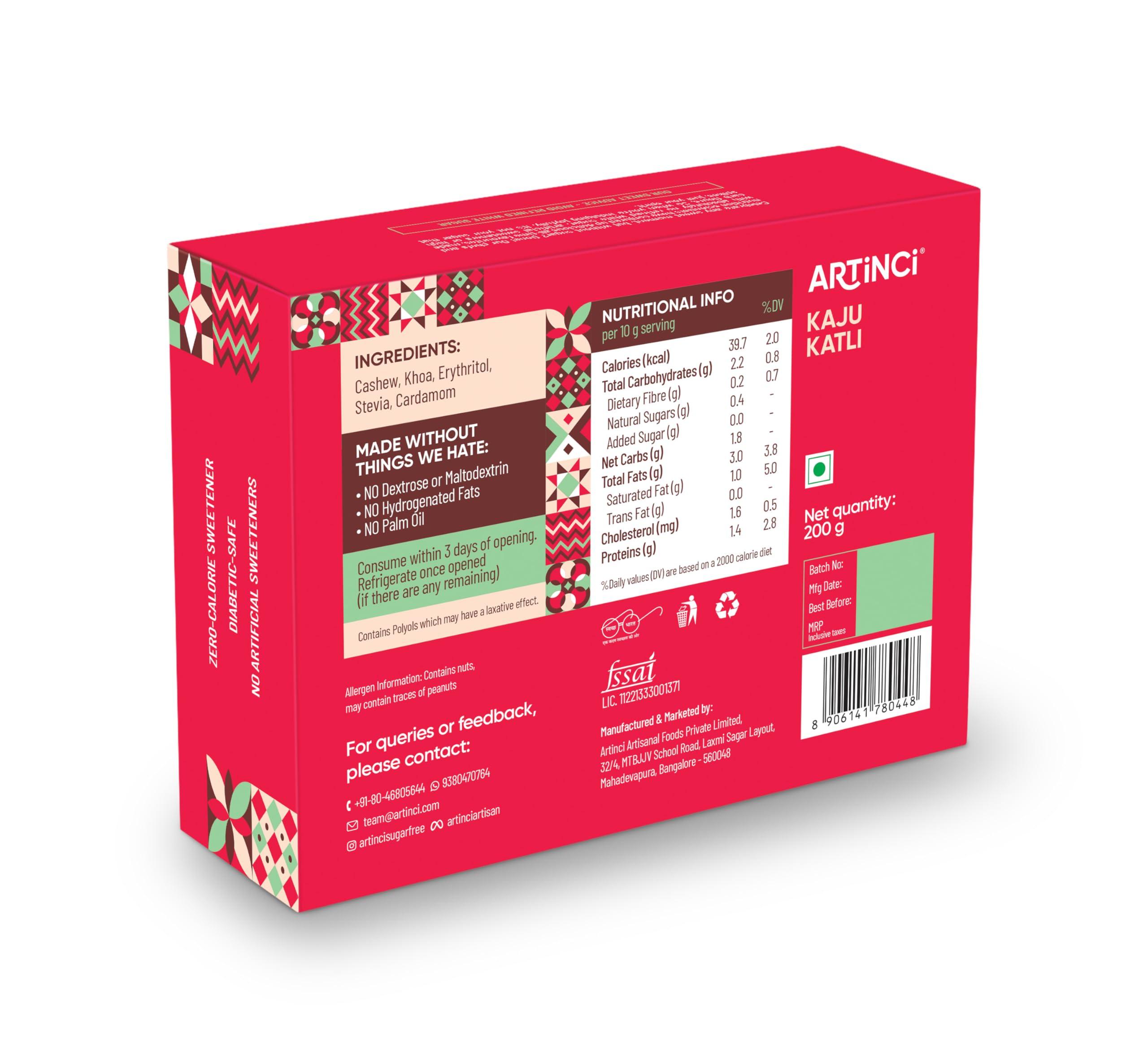 Artinci Artinci Sugar Free Kaju Katli | As Seen on Shark Tank India | Keto Diabetic Friendly with High Protein & Fibre Barfi | Low Carb | Healthy Indian Sweets | Pure Cashew | Festive Gifting | (200g X 2)