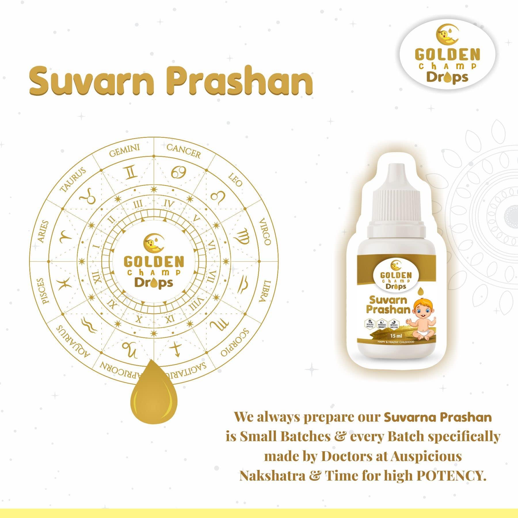 Golden Champ Drops Golden Champ Drops Swarna prashana drops with Gold Ash | Swarna Prashan | Suvarnaprashan drop for Children Ayurvedic Immunity Booster for Kids (15 ml) (GMP Certified & Ayush Approved).