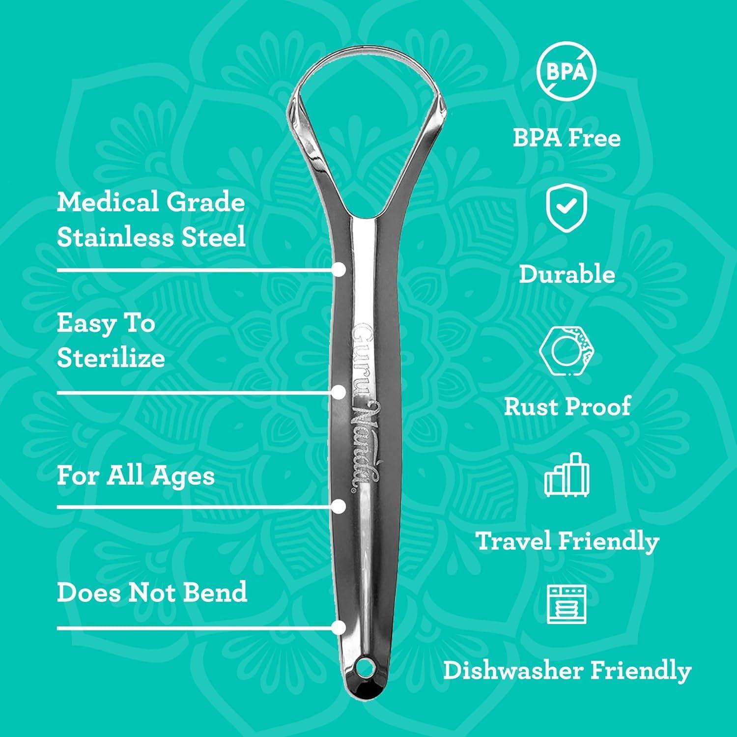 GuruNanda Guru Nanda Stainless Steel Tongue Scraper (Pack of 2), Fights Bad Breath, Medical Grade 100% Stainless Steel, Great for Oral Hygiene, Tongue Cleaner for Adults and Kids