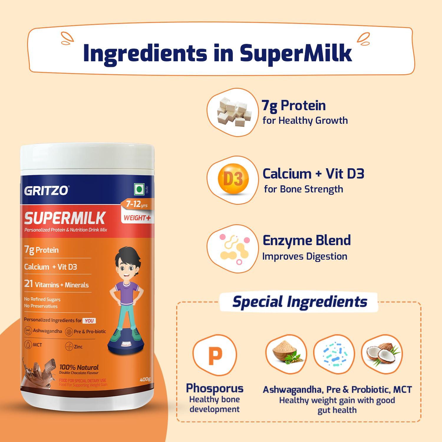 Gritzo Gritzo SuperMilk Weight+ (7-12y), 7g Protein Powder (Double Chocolate, 400g) | Zero Refined Sugar, 21 Vitamins & Minerals