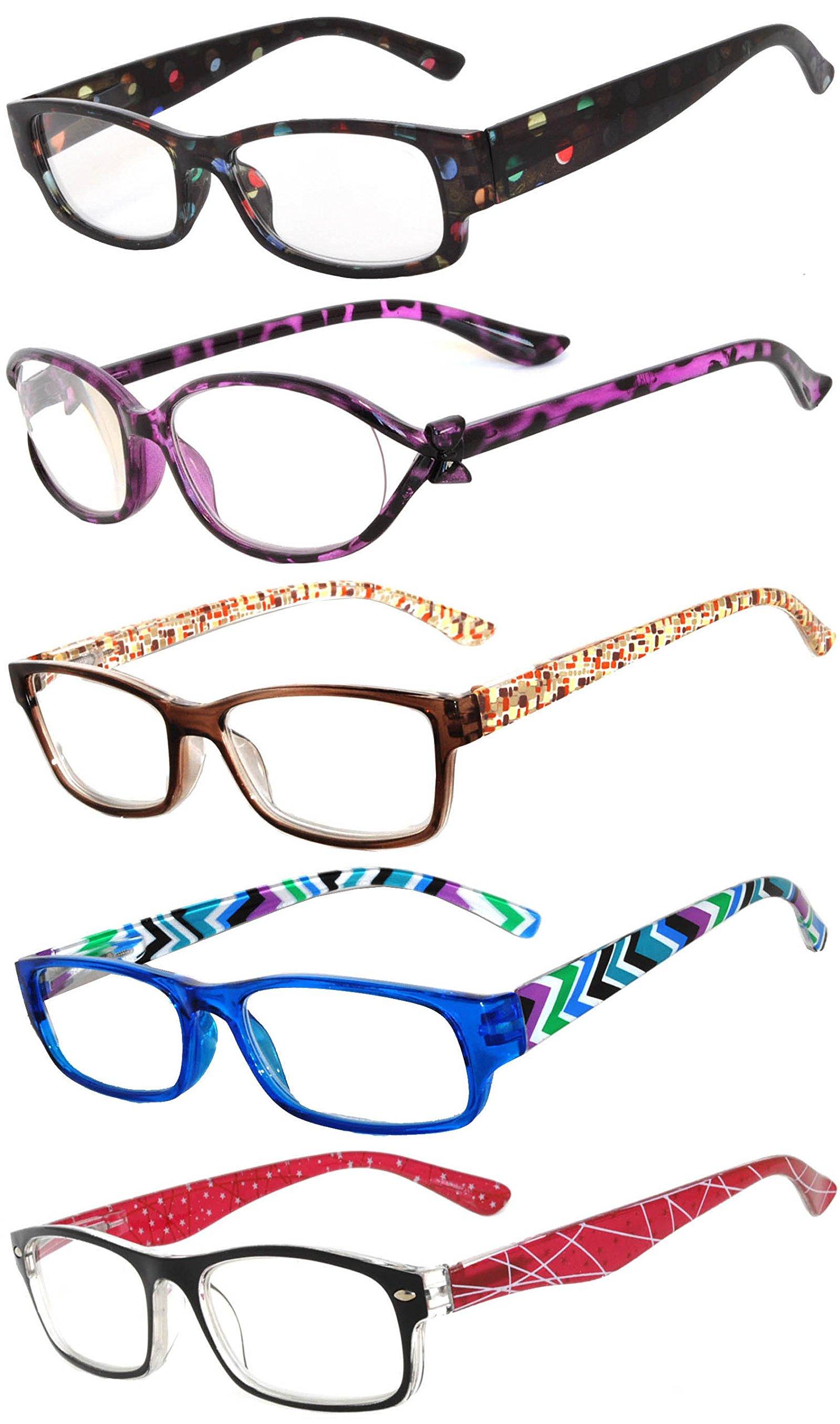 Owl Readers 5 Pack of Elegant Womens Reading Glasses with Beautiful Patterns for Ladies Deluxe Spring Hinge Stylish Look 180 Day Guarantee +1.5