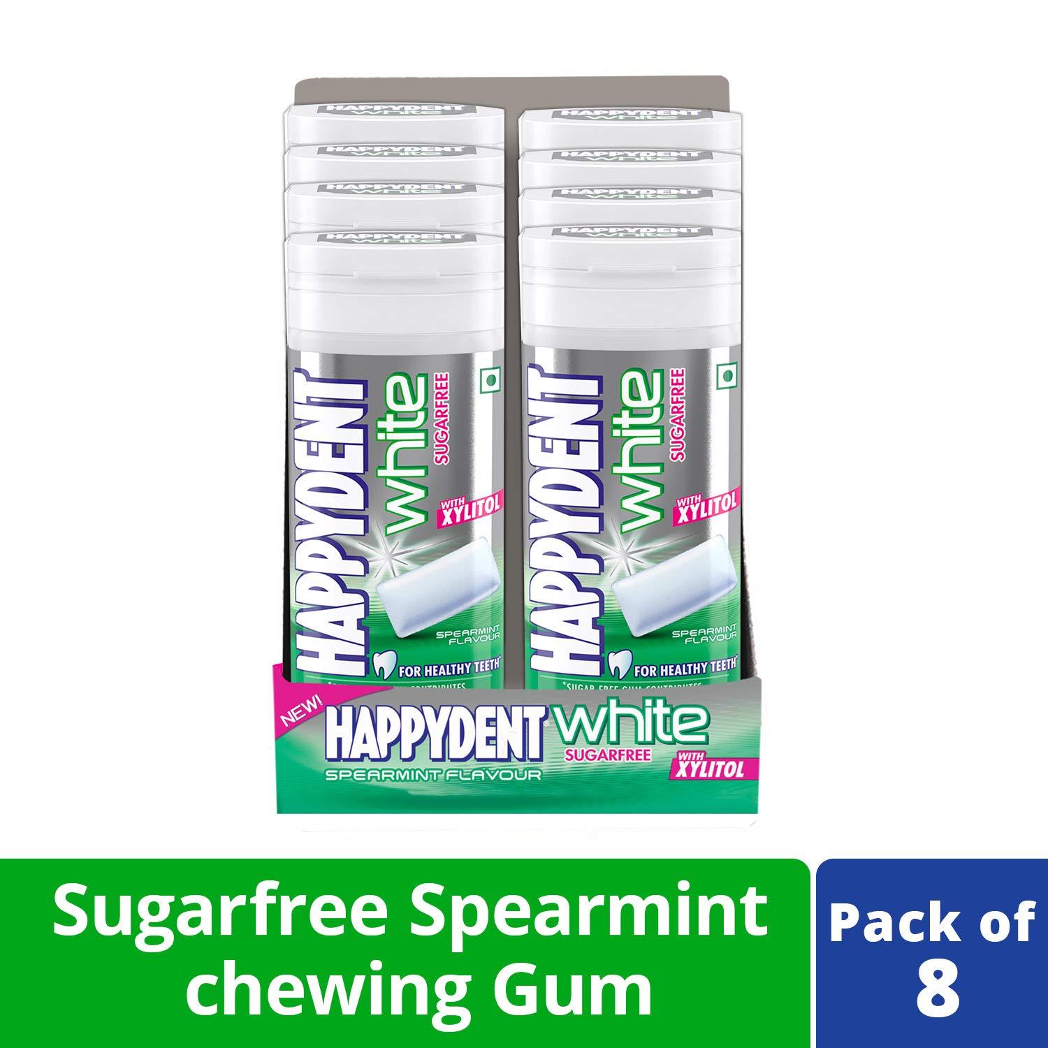 HappyDent Happydent White, Xylitol Sugarfree Spearmint Flavour,Chewing Gum Bottle Pack, 193.6g (8 Units x 24.2 g Each)