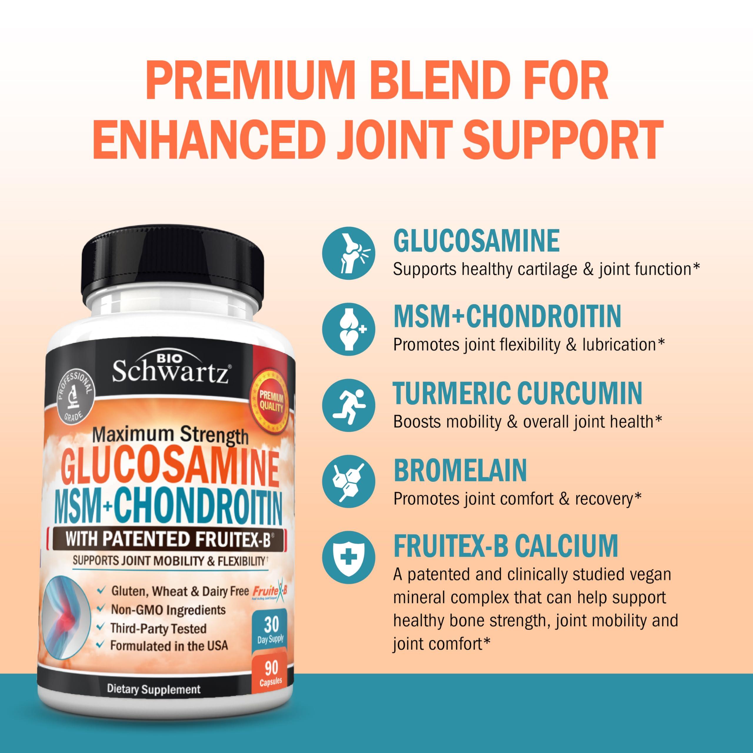 BioSchwartz BioSchwartz Glucosamine Chondroitin MSM Turmeric with Patented Fruitex-B. Extra Strength Joint Pain Relief Pills for Back, Knees, Hips, Hands