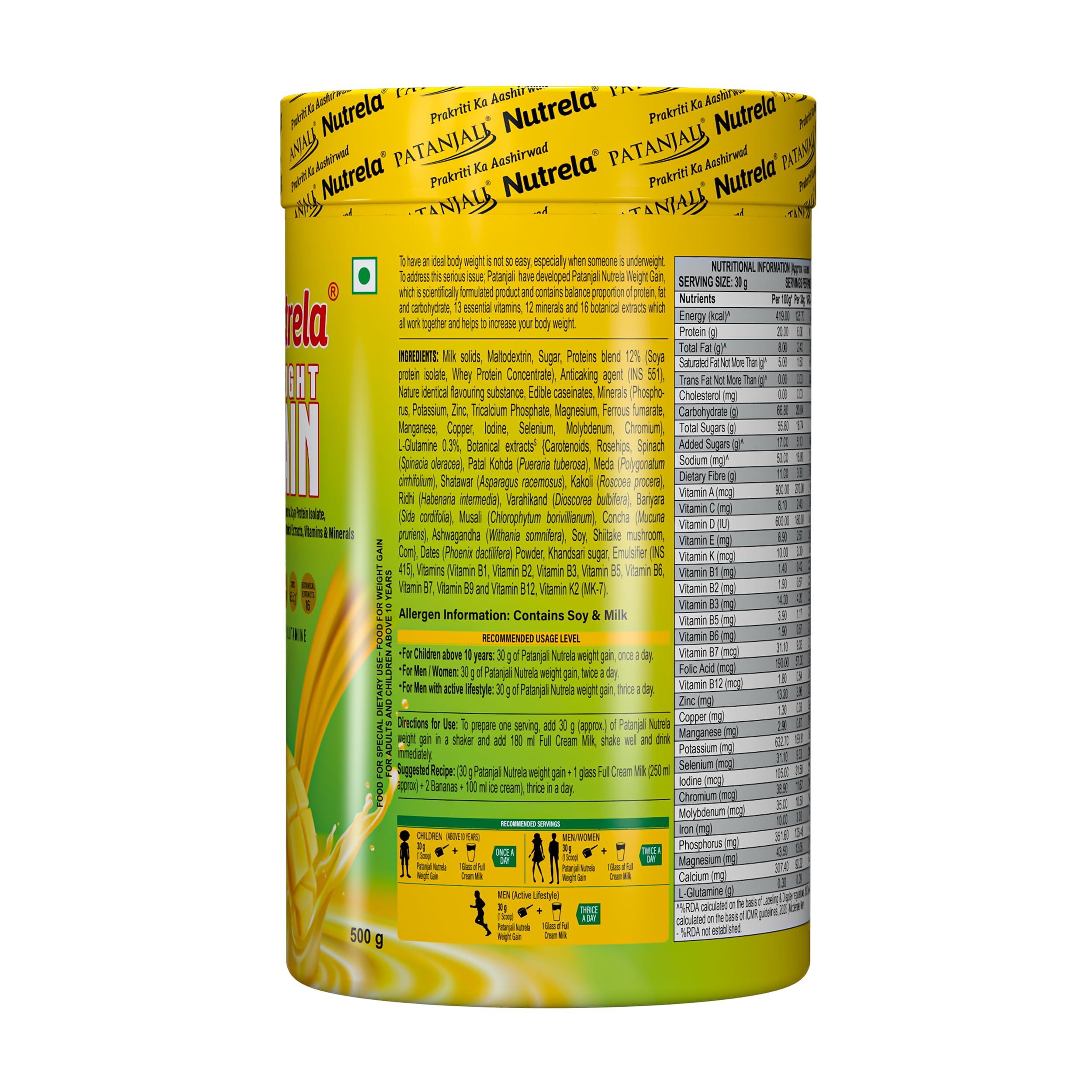 NUTRELA Nutrela Weight Gainer Powder - 500 gram, Mango Flavour | 20g Protein, 66.8 Carbs, 13 Vitamins & 12 Minerals with Khandsari Sugar | Ideal for Athlete, Men, Women & Kids above 10 Year