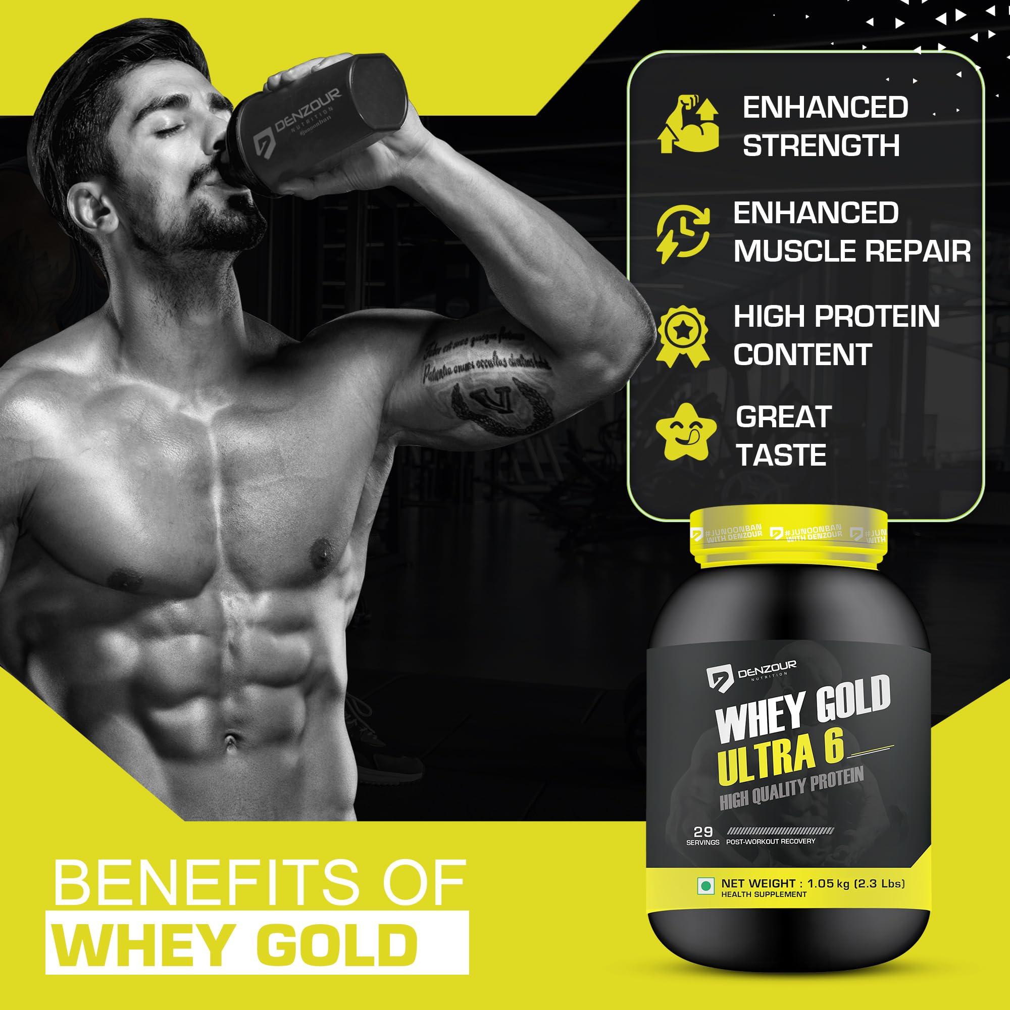 DENZOUR NUTRITION DENZOUR NUTRITION Whey Gold Ultra 6 Starter With 24g Protein | Support Muscle Growth And Maintain A Lean Physique- Dark Chocolate Flavour, 1.05 Kg/2.3 lbs (29 Servings)