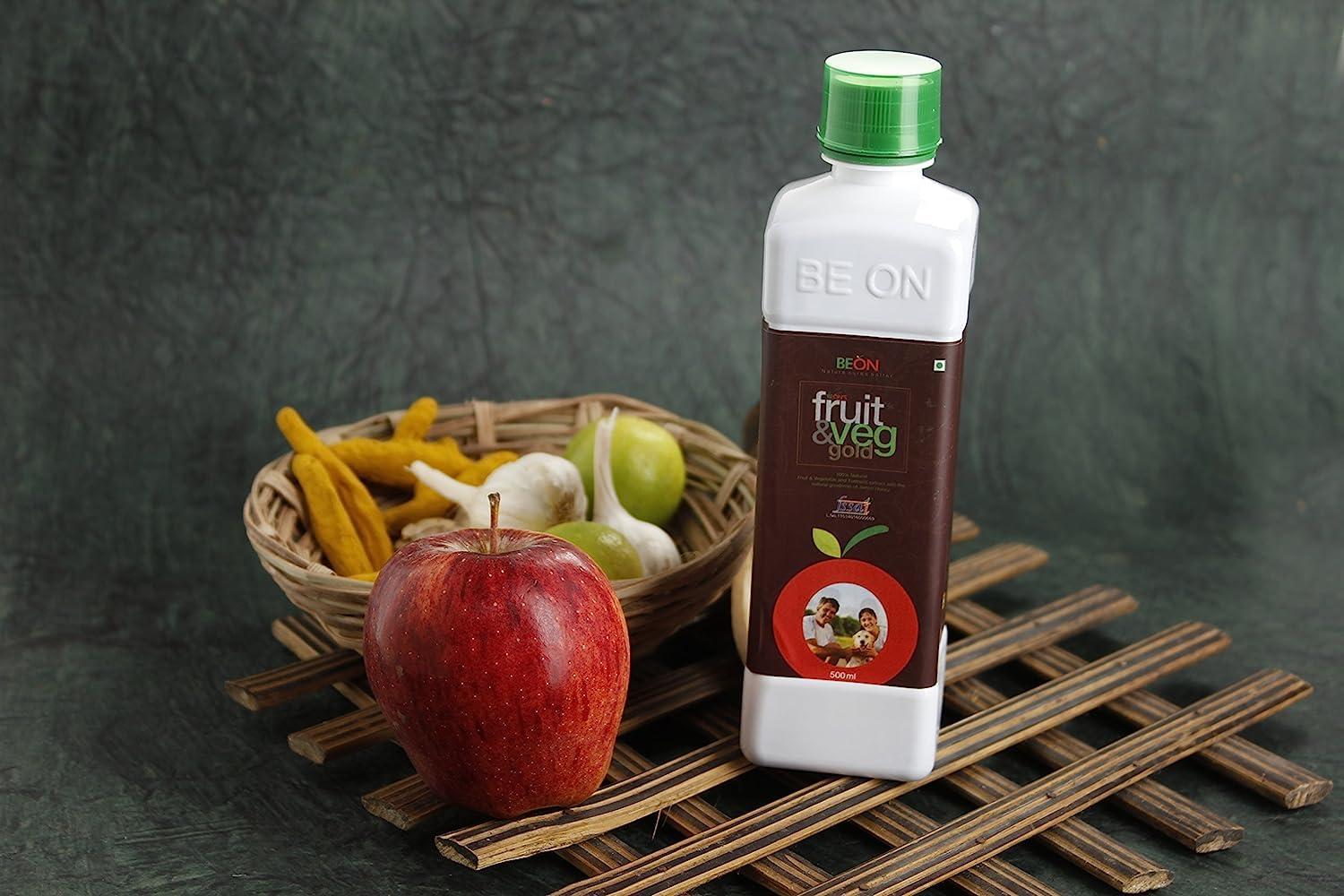 BEON Nature cures better BEON Fruit & Veg Gold with 100% Pure Natural Mixture of Seven Elements Turmeric, Garlic, Ginger, Lemon, Apple Cider Vinegar with Mother, Cinnamon & Jamun Honey - 500 ML (Pack of 2)