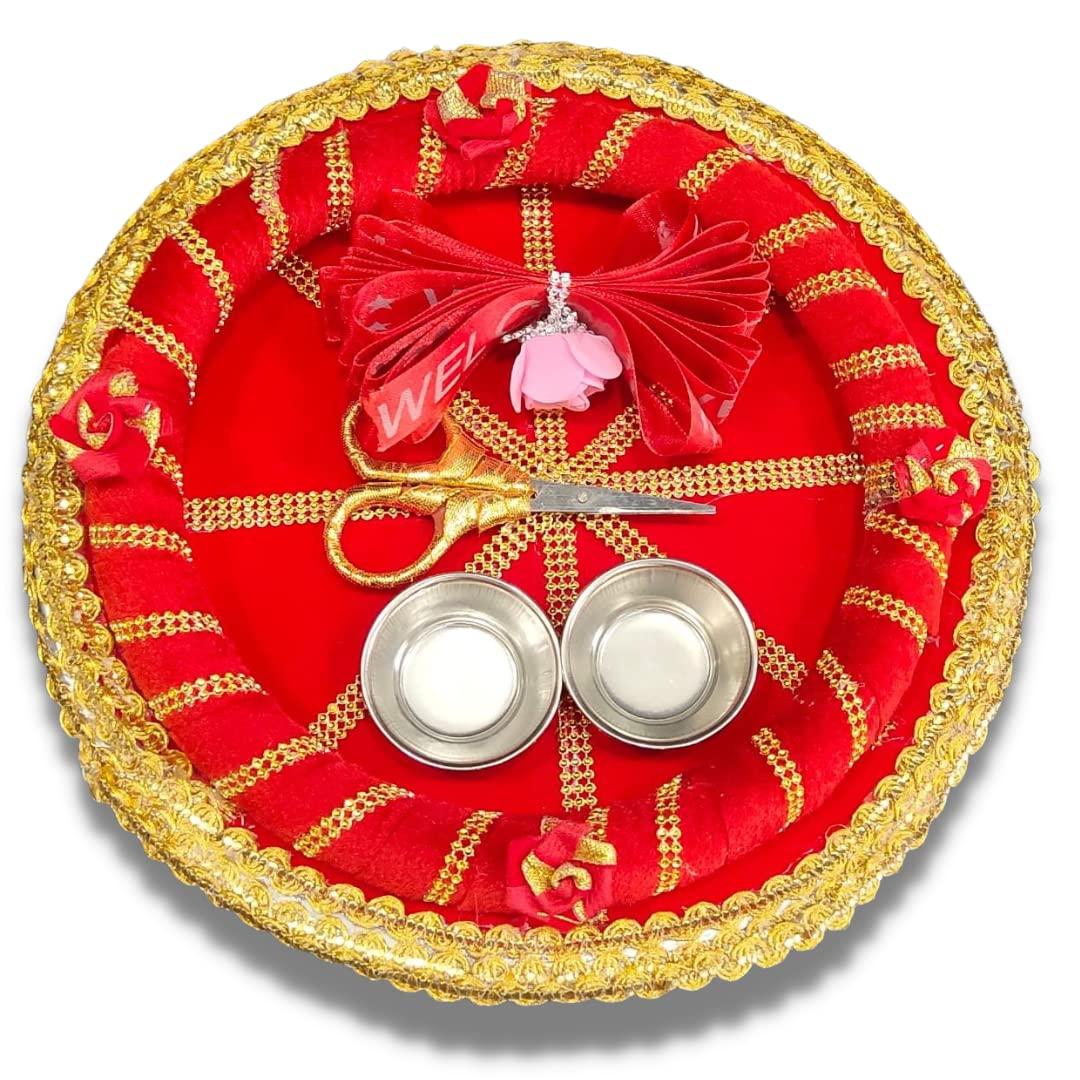 Unique Palette Unique Palette Welcome Ribbon Cutting Tray | Puja Thali for Wedding | Welcome Platter with Ribbon | Wedding Tray