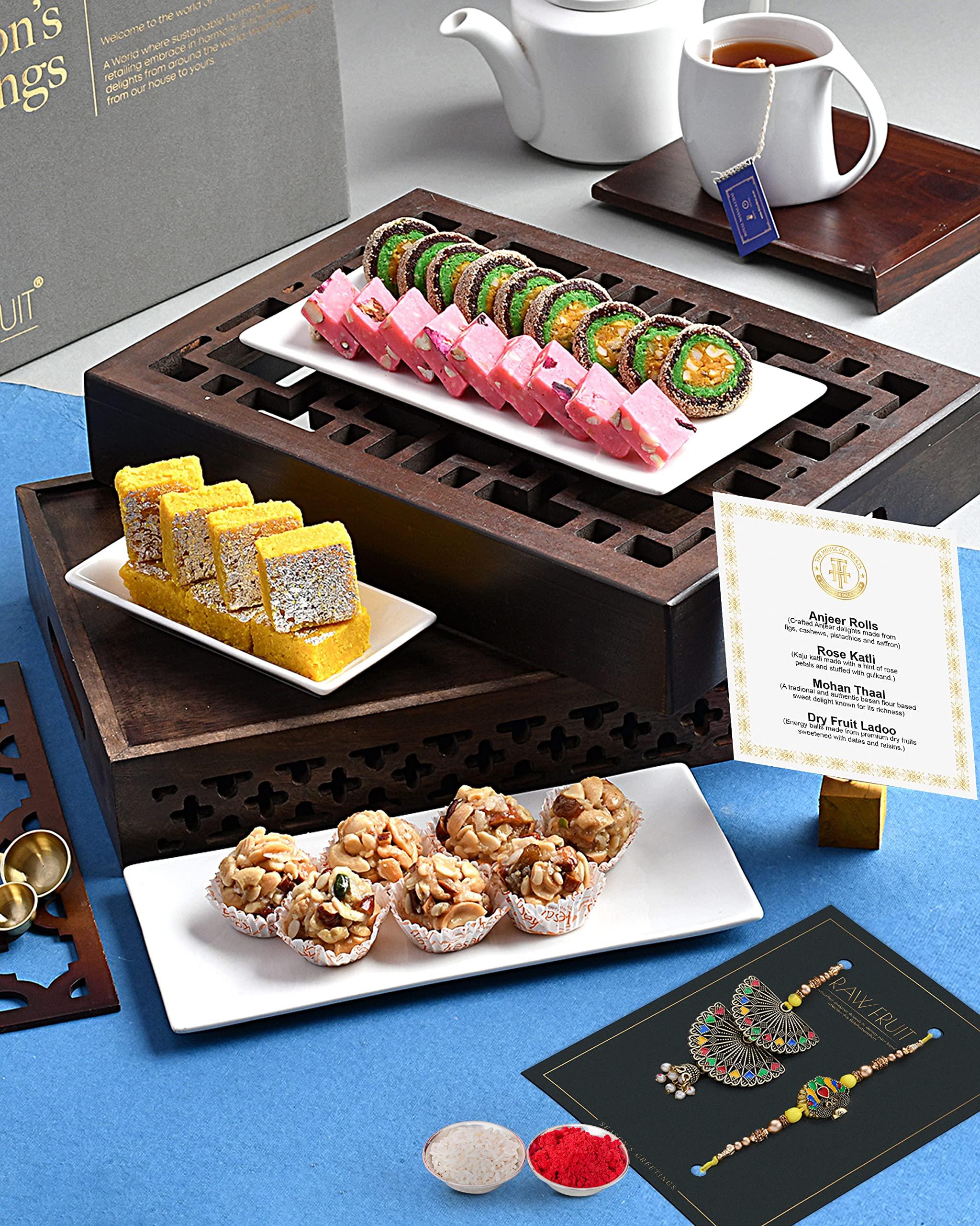 Hamam Dasta Rakhi for brother and bhabhi with sweets Anjeer Chakkar Dry Fruit Ladoo Moong Thaal Rose Katli 1Kgs by The House Of Treats Premium Yellow Rakhi gift for brother with sweets Rakhi Combo Pack