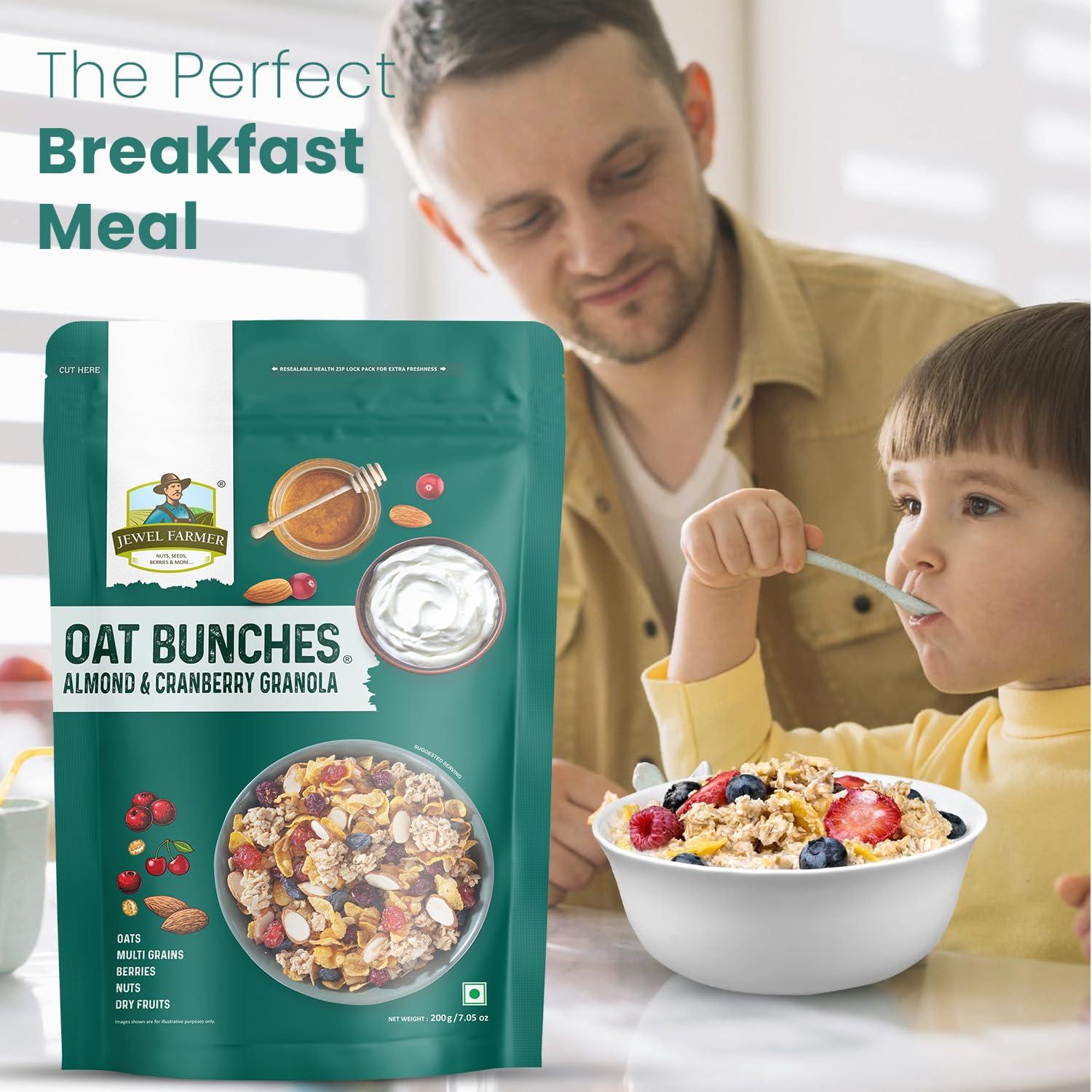 JEWEL FARMER Jewel Farmer Oat Bunches Almond & Cranberry Crunchy Granola 200gm With Multigrains | No Preservative | Vegan & Plant Based | High in Fibre & Protein | Breakfast Cereal Can Be Consumed As Muesli
