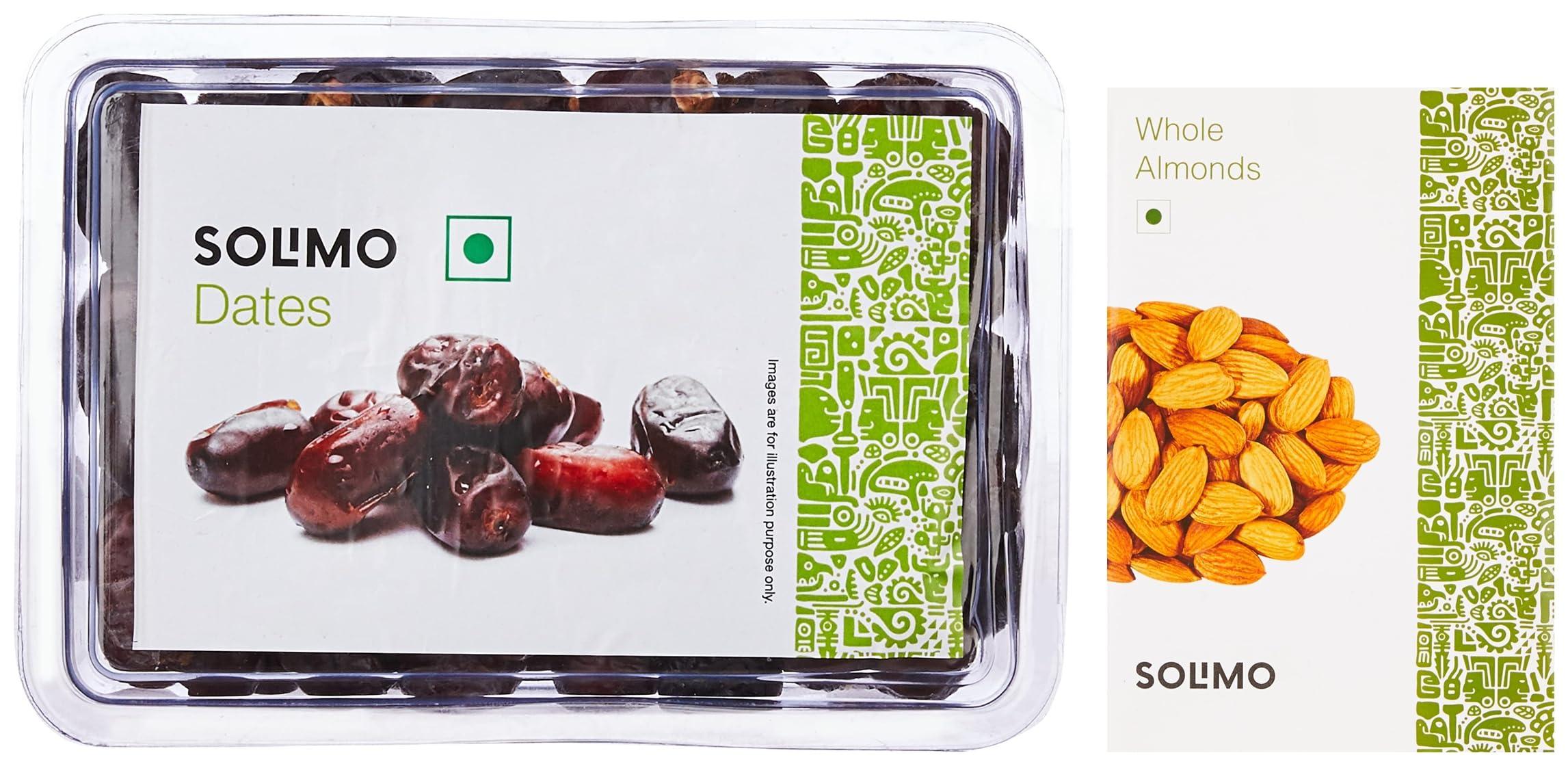 Amazon Brand - Solimo Amazon Brand - Solimo Fresh Dates 500g & Amazon Brand - Solimo California Almonds, 250g,Raw