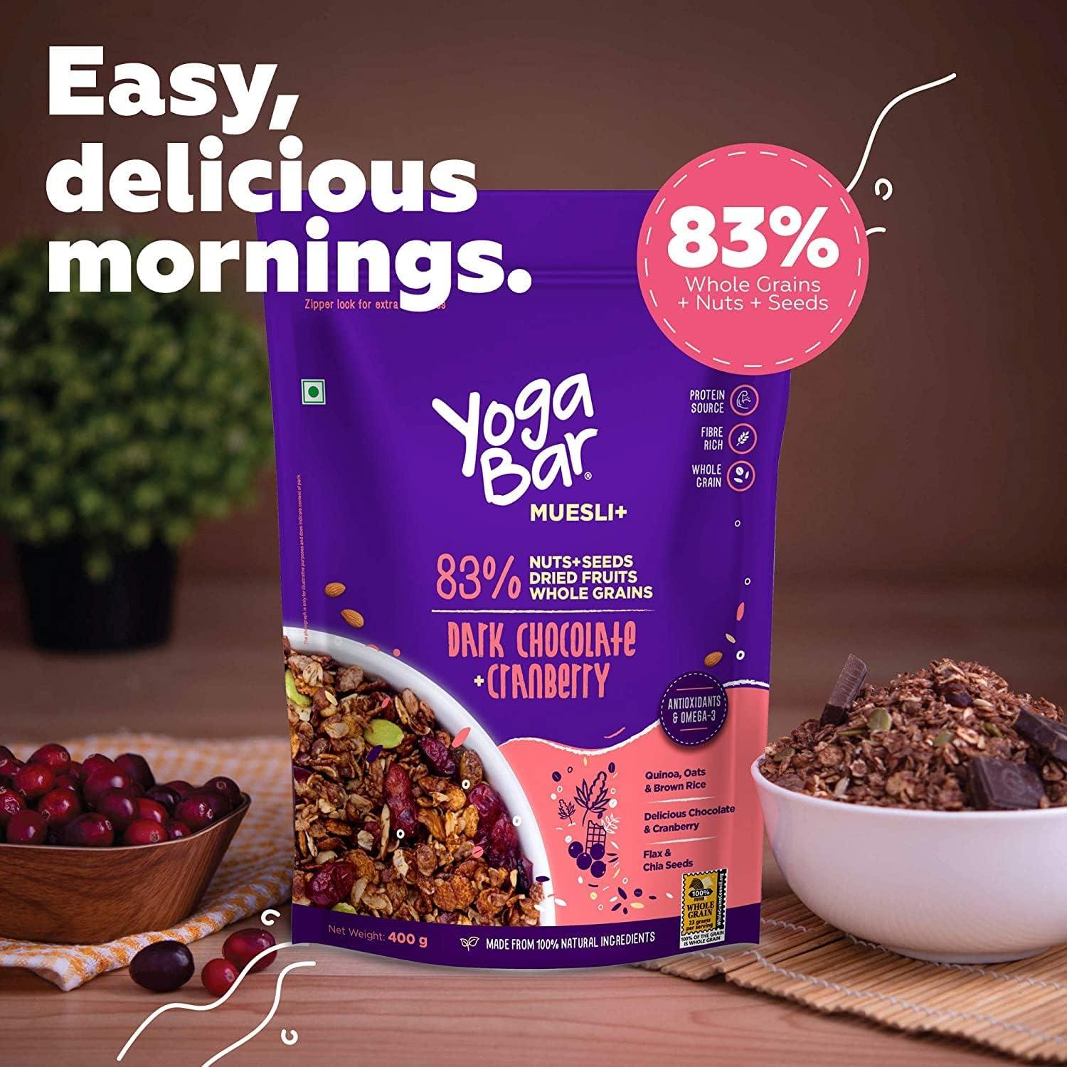 Yogabar Yogabar Wholegrain Breakfast Muesli - Dark Chocolate + Cranberry, 700g (Pack of 3) (Super Saver Pack) | Healthy Breakfast Cereals | Granola| Antioxidant Rich | Healthy Food for Breakfast |Protein Rich