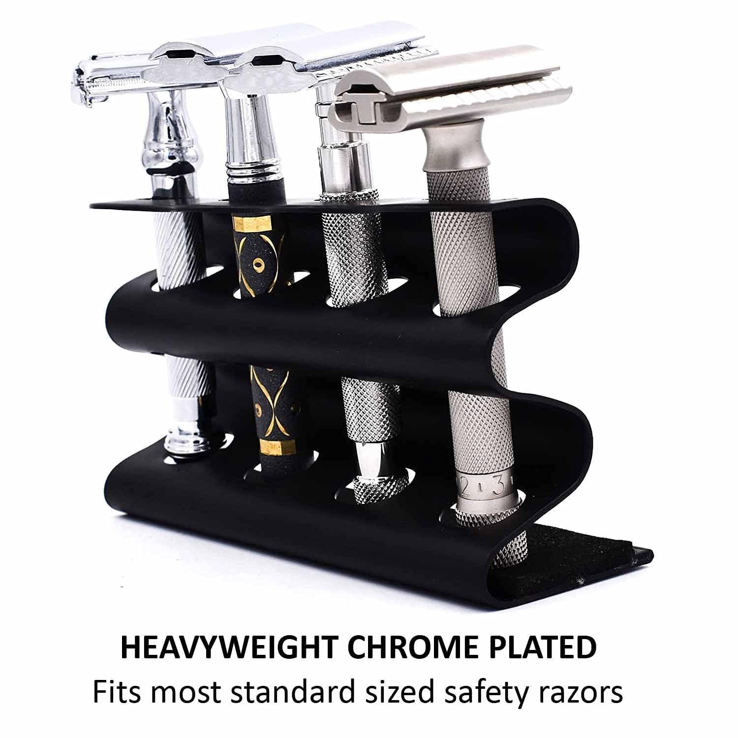Parker Safety Razor Parker Safety Razor Double Edge Razor Stand – Solid Brass with Black Finish –Holds 4 Razors – Parker Stand with Padded Base – Excellent Storage for Long Handled Double Edge Safety Razors