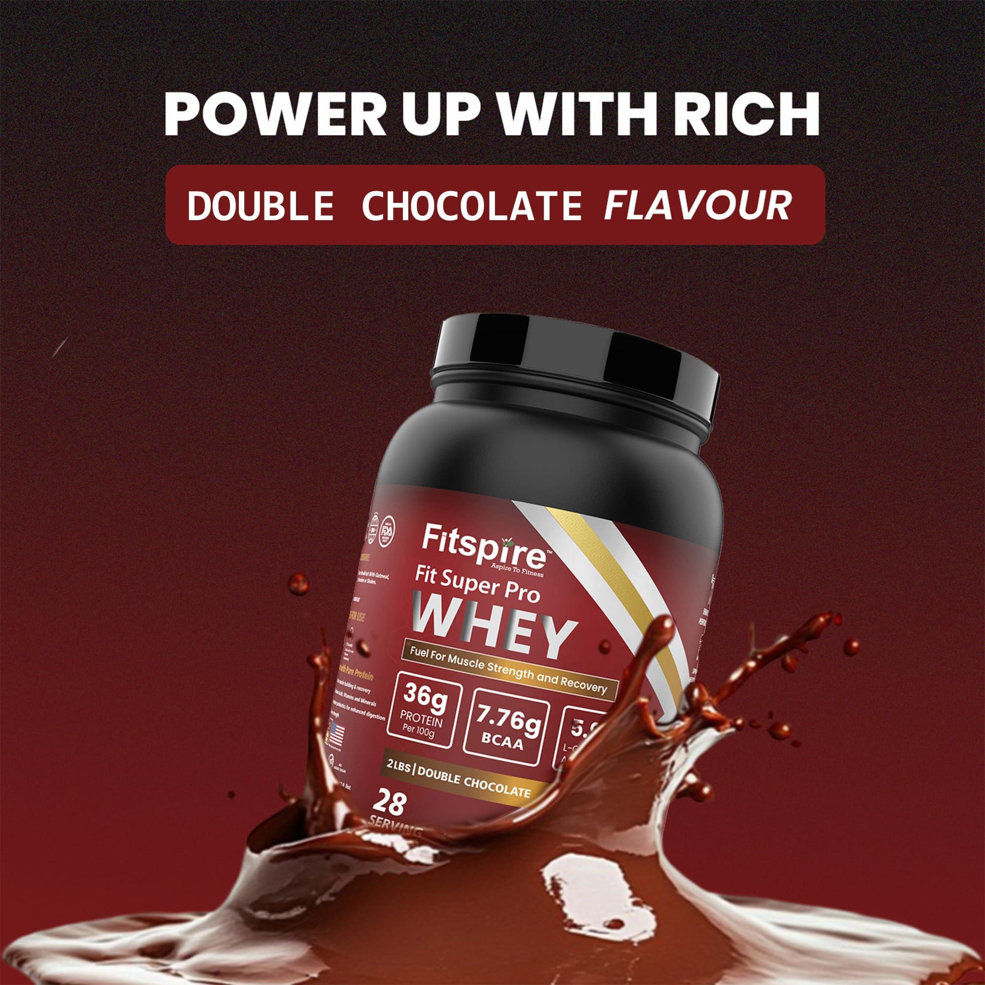 Fitspire Fitspire Fit Super Pro Whey Protein | 36g Protein | 100% Authentic & No Adulteration | Muscle Growth & Recovery | DigeZyme For Easy Digestion| Free BCAA (Double Chocolate, 2 lbs, 30 Servings)