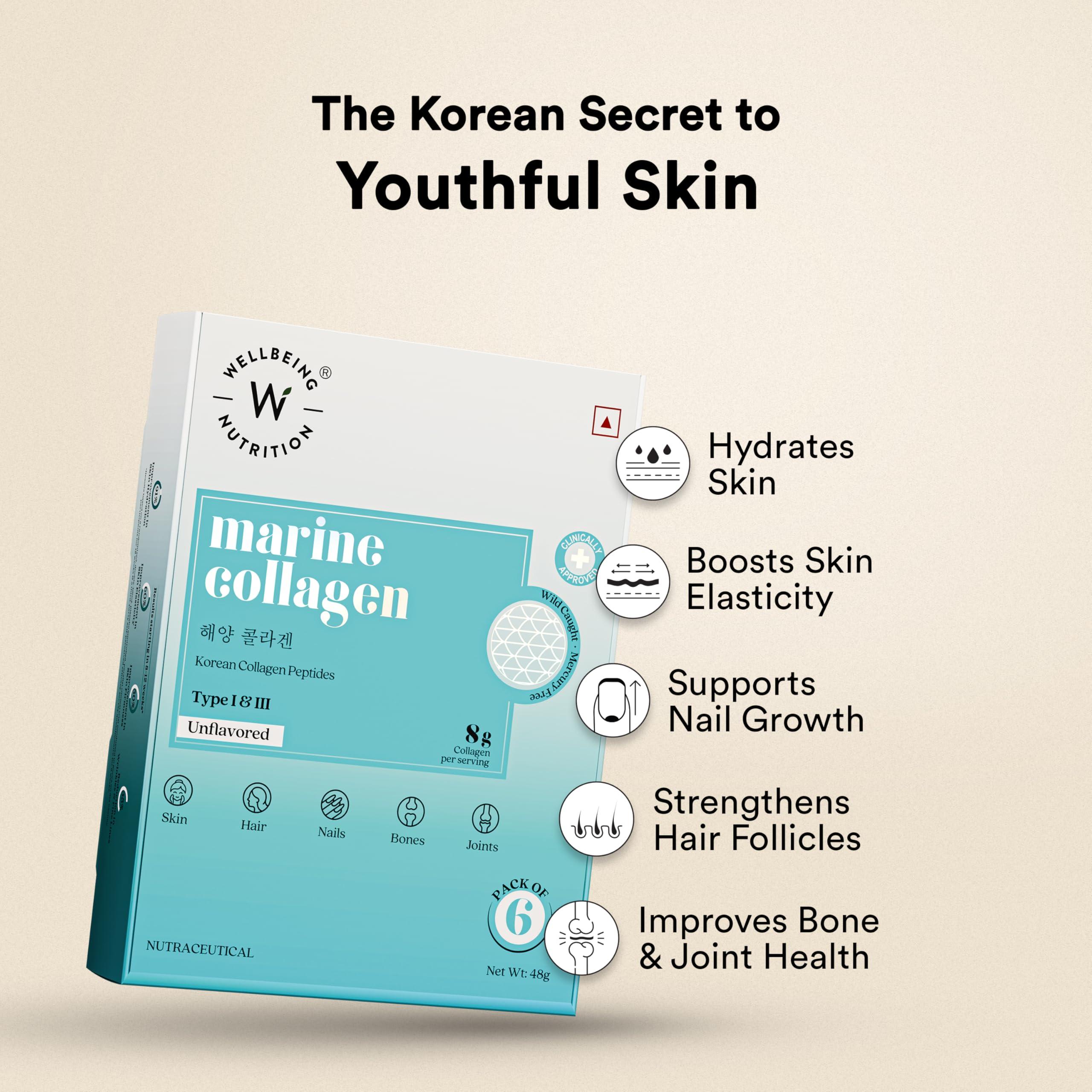 WELLBEING NUTRITION Wellbeing Nutrition Pure Korean Marine Collagen Supplements for Women & Men|Clinically Proven Type 1 & 3 Hydrolyzed Peptides|For Anti-Aging,Radiant Skin & Hair Growth|Unflavored - 6 Sachets, 48 grams