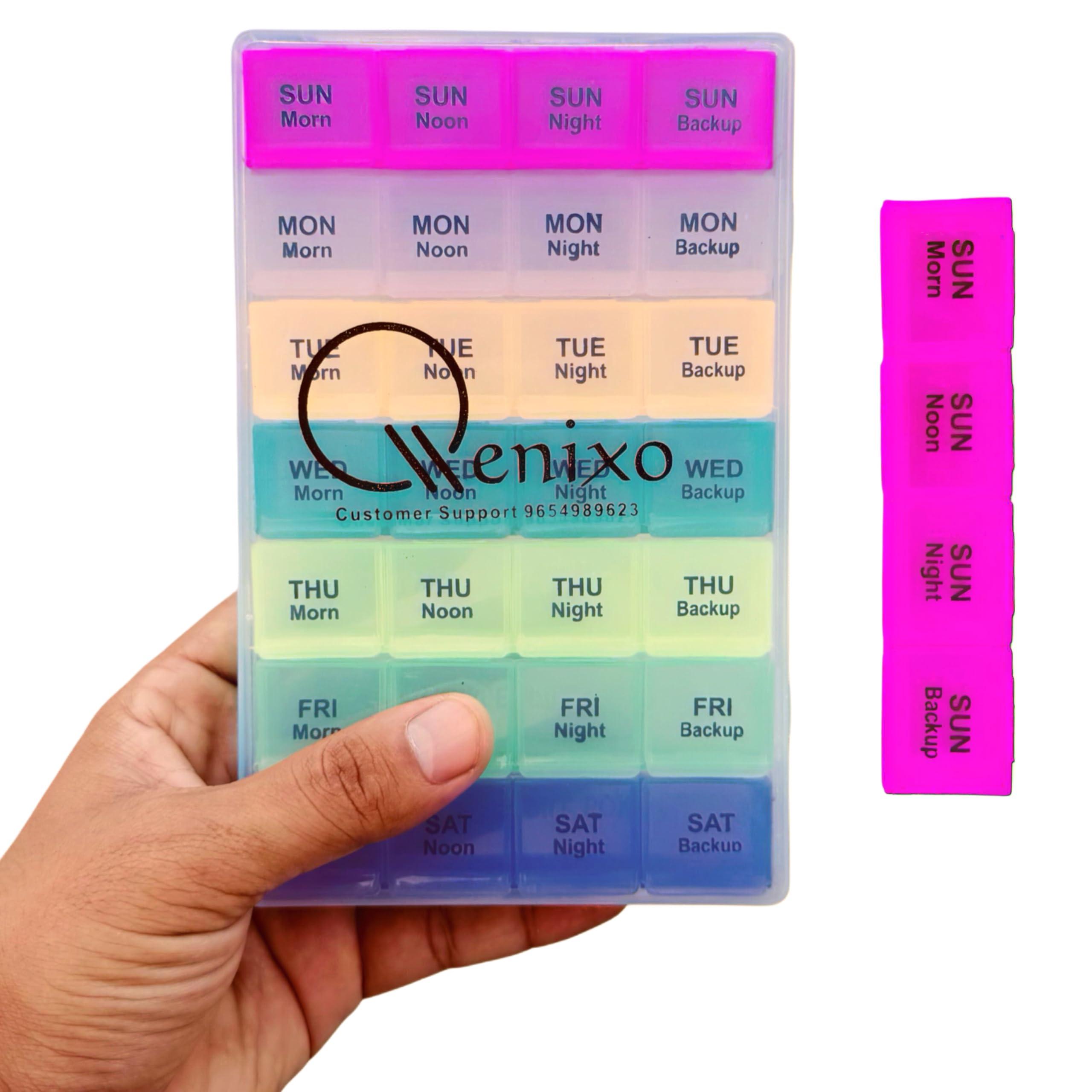 QENIXO Qenixo Weekly Pill Organizer 4 Times A Day, 7-Day, Monthly Medication Organizer 28 Days Dispenser Pill Boxes Large Compartments Moisture-Proof Case Medication Reminder Portable Travel Compartments,Travel Kits,Dust-Proof Box (Multicolor, 4 times) (Whi