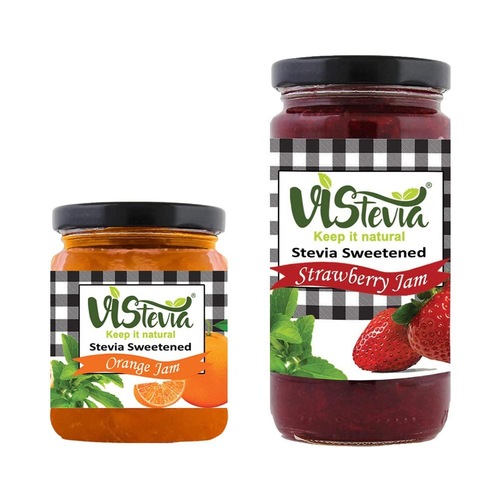 VISTEVIA Vistevia Sugar-Free Orange & Strawberry Jam | Pack of 2 - 220g & 400g | Diabetic & Keto Friendly | Sweetened with Stevia | 100% Natural | More Than 60% Fruit | Tastes Delicious