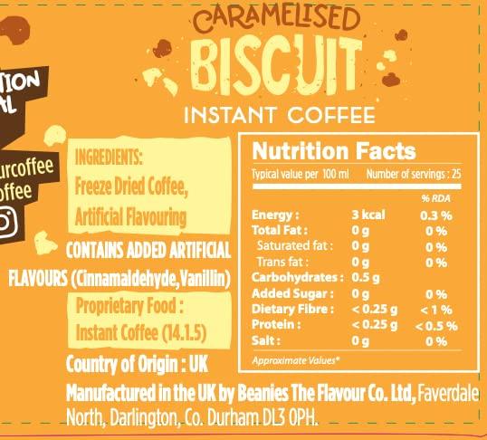 BEANIES BEANIES Flavoured Instant Coffee Caramelised Biscuit Hot & Cold Coffee Makes 25 Cups 100% Arabica Coffee Smooth & Sugar Free 50g. Bottle (Caramelised Biscuit)