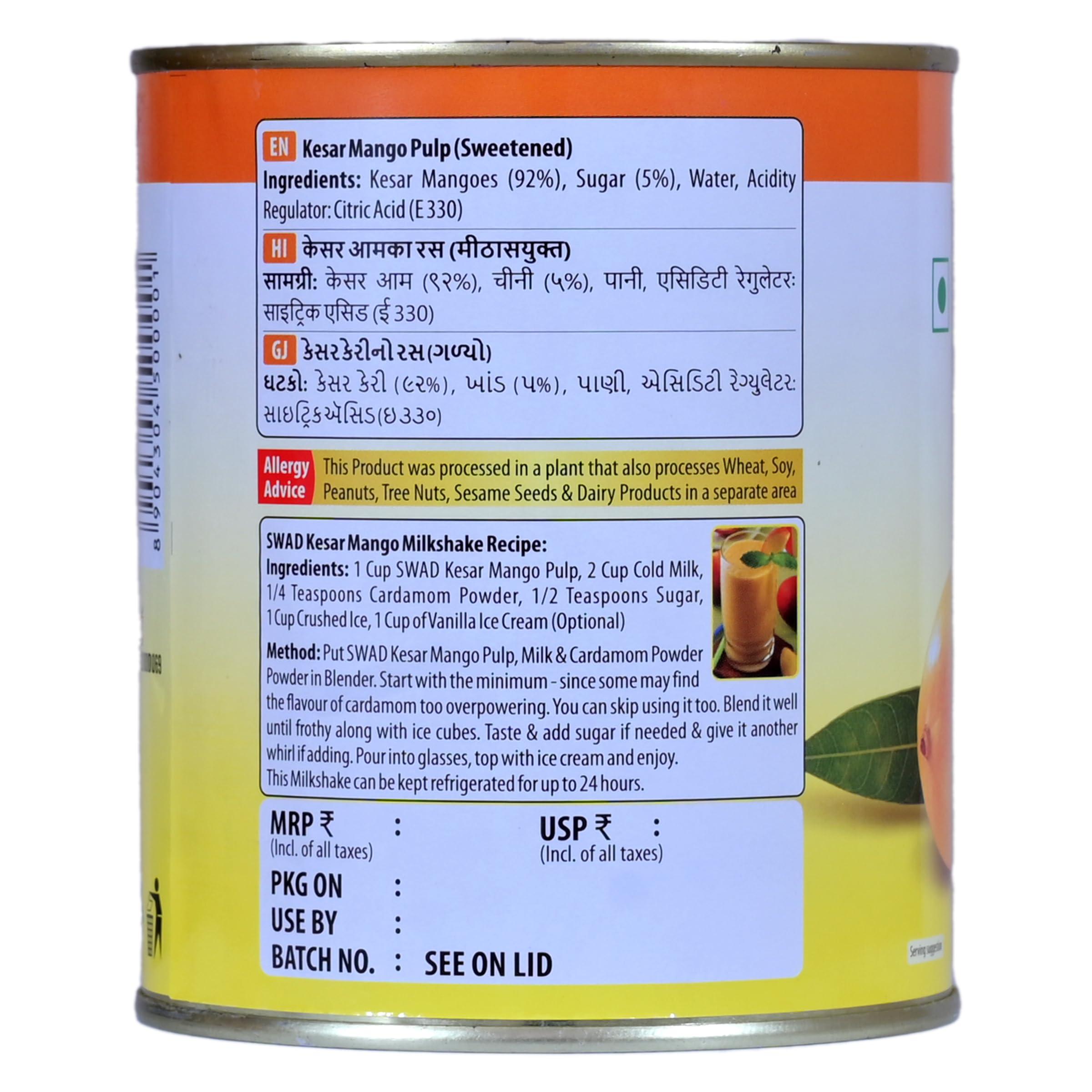 Swad Swad Kesar Mango Pulp Sweetened, 850g