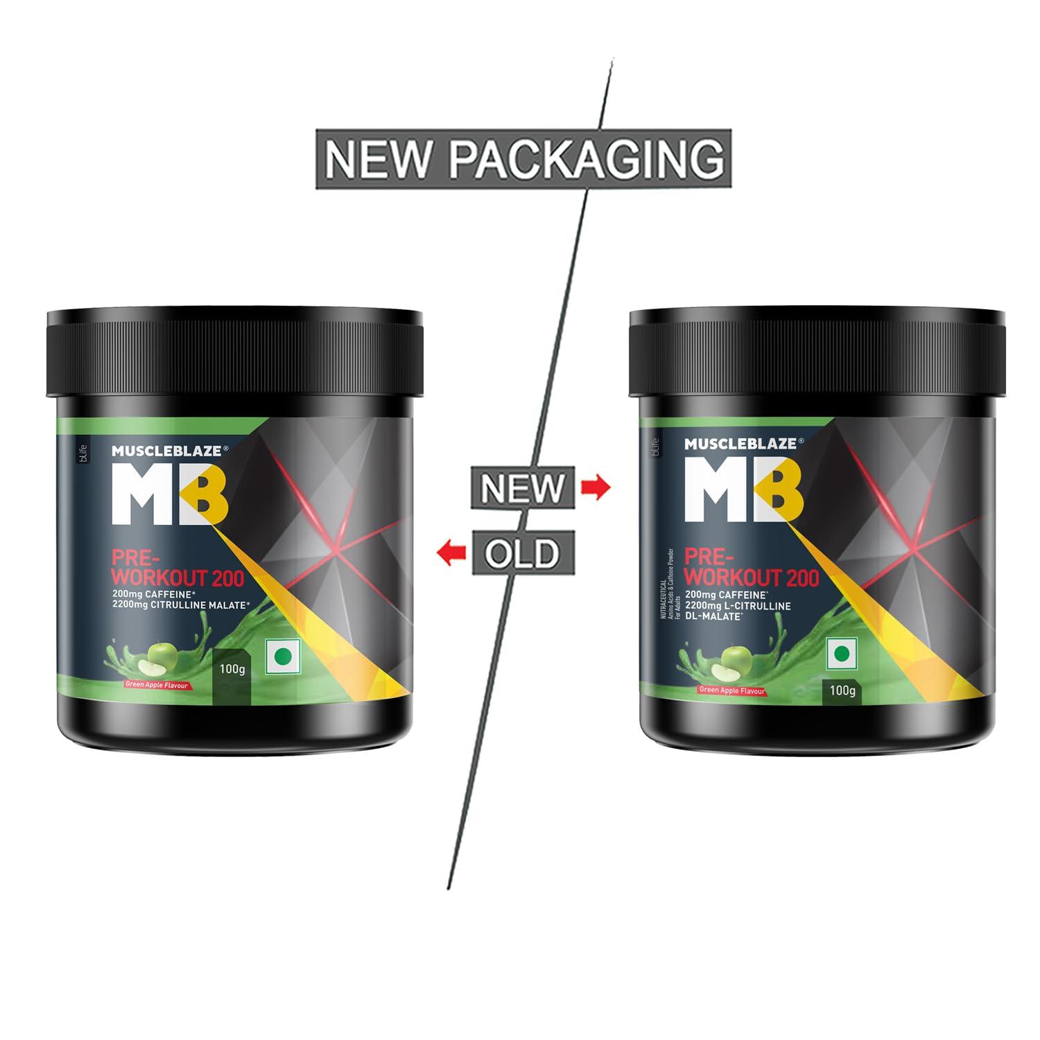 MuscleBlaze MuscleBlaze Pre Workout 200(Green Apple, 20 Servings, 100G)| 200Mg Caffeine, 2200Mg Citrulline Powder