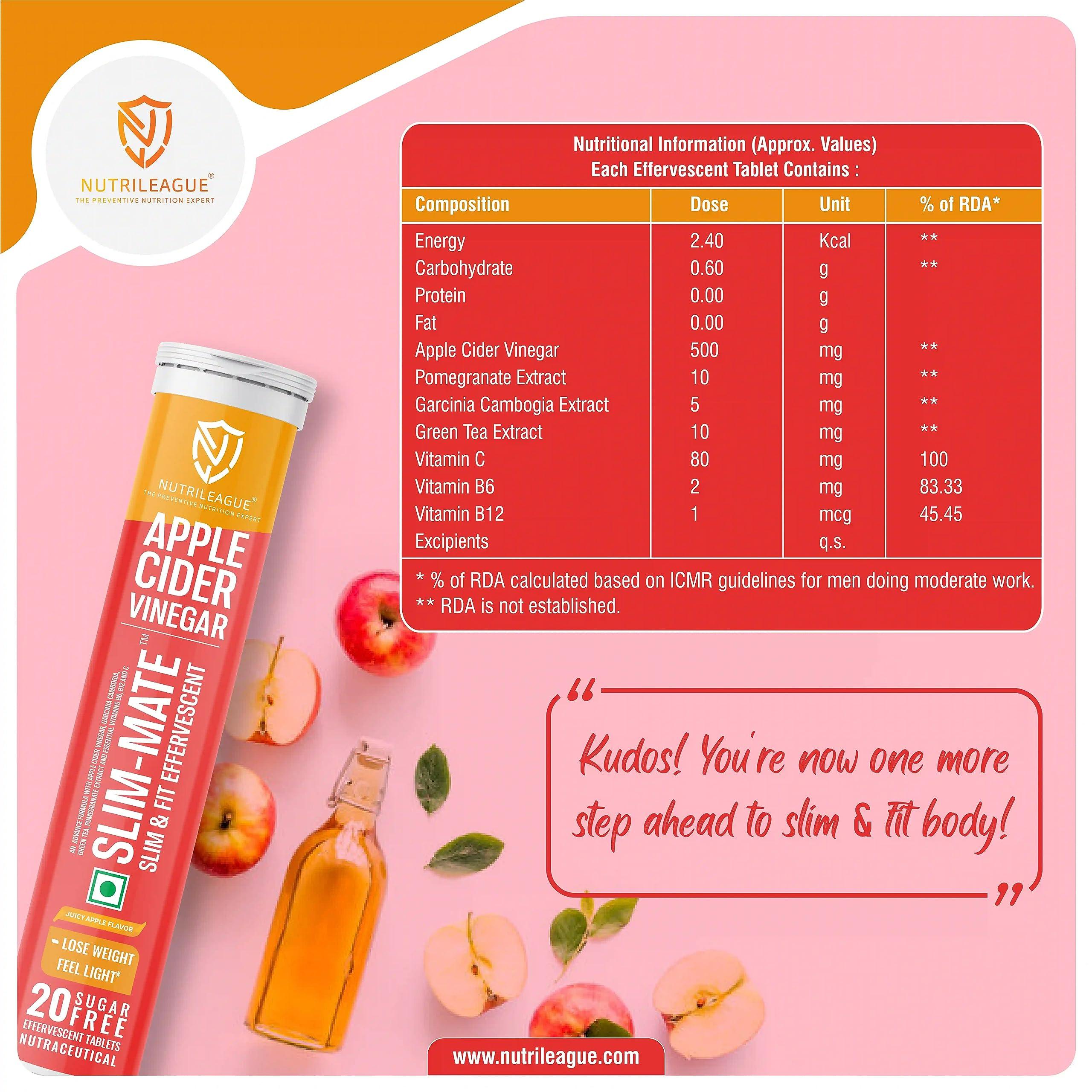 Nutrileague Nutrileague Slim-Mate (Slim & Fit) Effervescent Tablet | Apple Cider Vinegar with Mother (ACV) | 20 Tabs Each | Apple Flavour | Sugar-Free | Vegan | Garcinia Cambogia, Pomegranate, Green Tea & Vitamin C, B6, B12