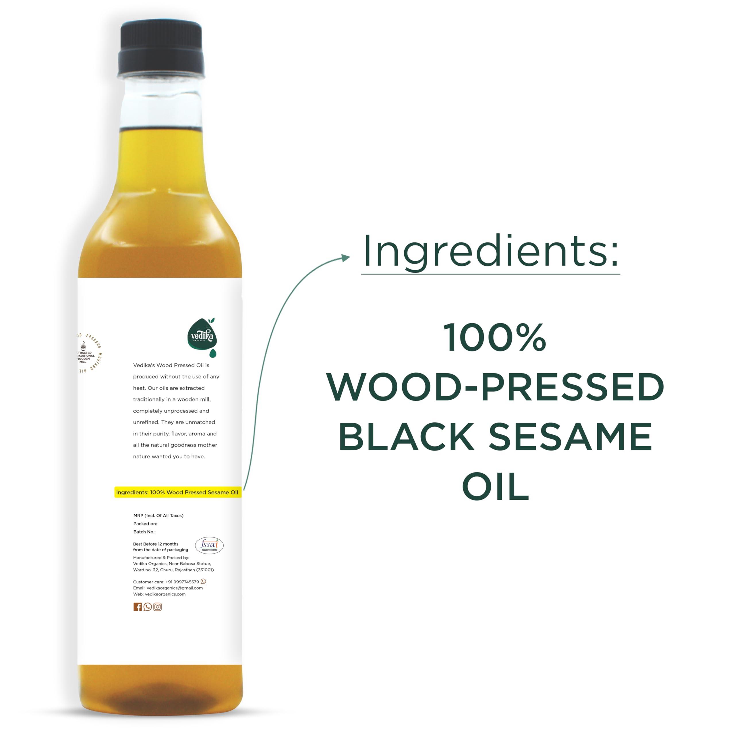 Vedika Organics Vedika Organics Wood Pressed Black Sesame Oil for Cholesterol Free Cooking, Massage, Oral Detox - 100% Natural Seasame Oil, Kacchi Ghani Til Oil - A1 Grade Extra-Virgin Sesame Oil, 1 liter (Pack of 2)