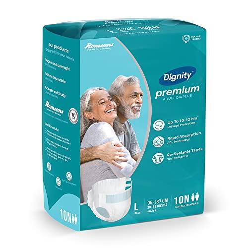 DIGNITY Dignity Premium Adult Diapers, Tape Style - 60 Count (Large) with Extra Absorbent Core, Wetness Indicator, Waist Size 38\" - 54\", 10 Pcs/Pack (Pack of 6)