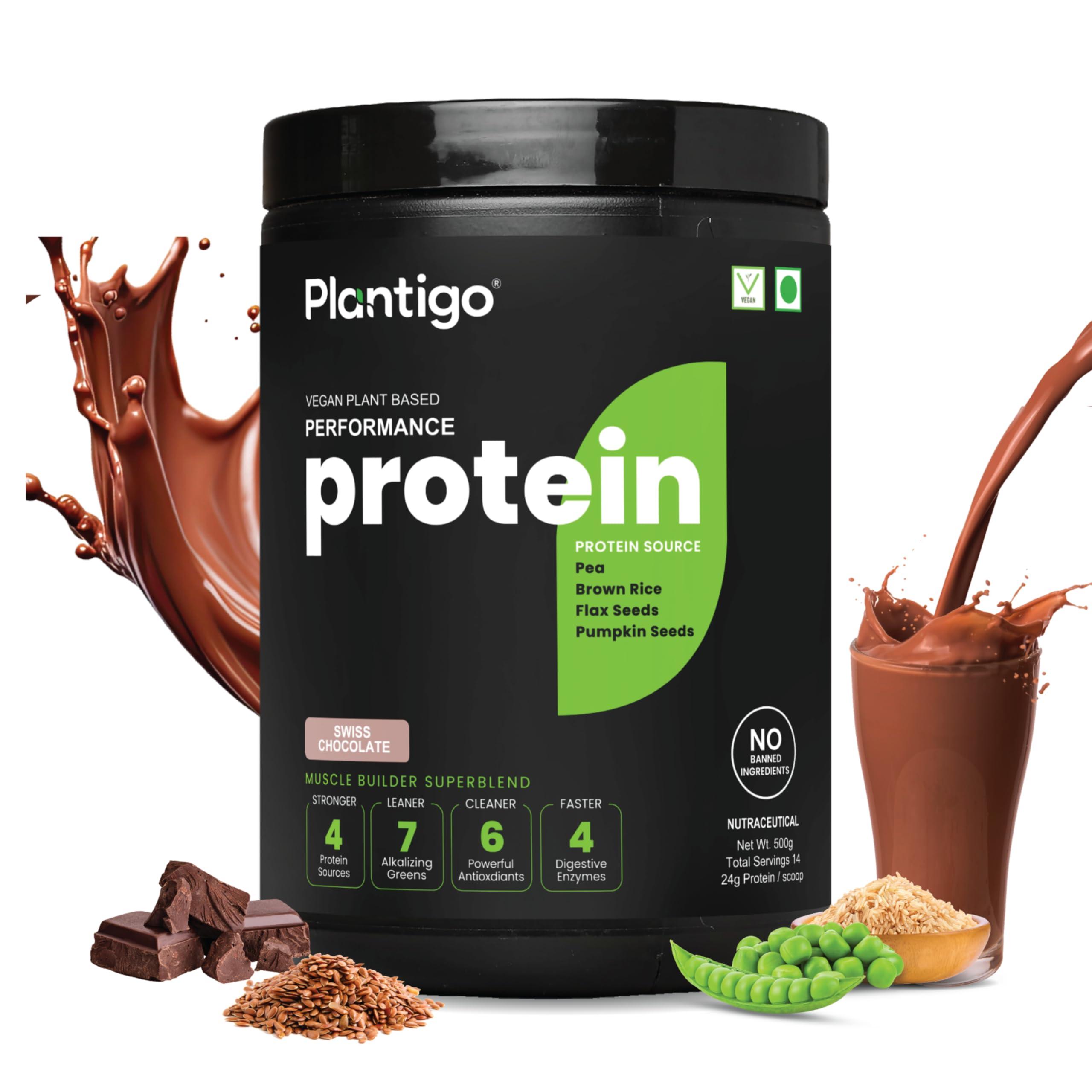 PLANTIGO Plantigo Clean Protein Powder Men & Women | 24g Plant Protein, 4.4g BCAA, 2g Leucine, 4g Fiber | No Sugar, No Dairy, No Preservatives | 4x Fast Digest, Stress & Muscle Recovery | Swiss Chocolate 500g