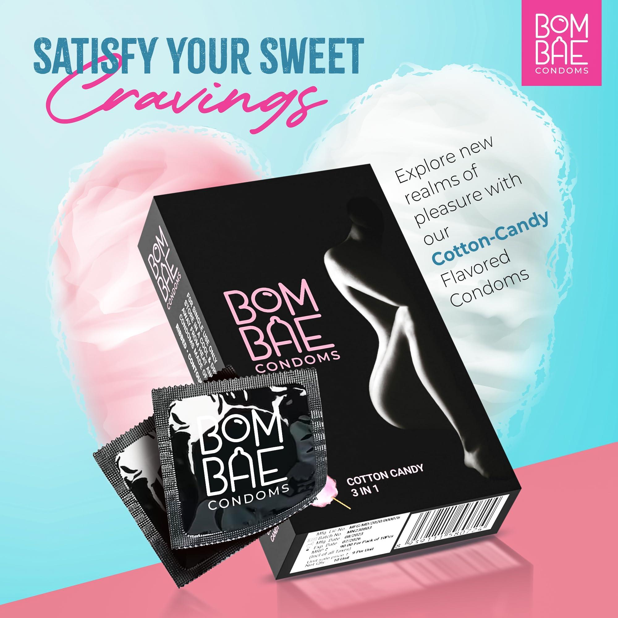 Bombae Condoms Bombae Condoms Extra Dotted Condoms for Men, Latex Free, Cotton Candy Flavour, Black - Pack of 4 (40 count)