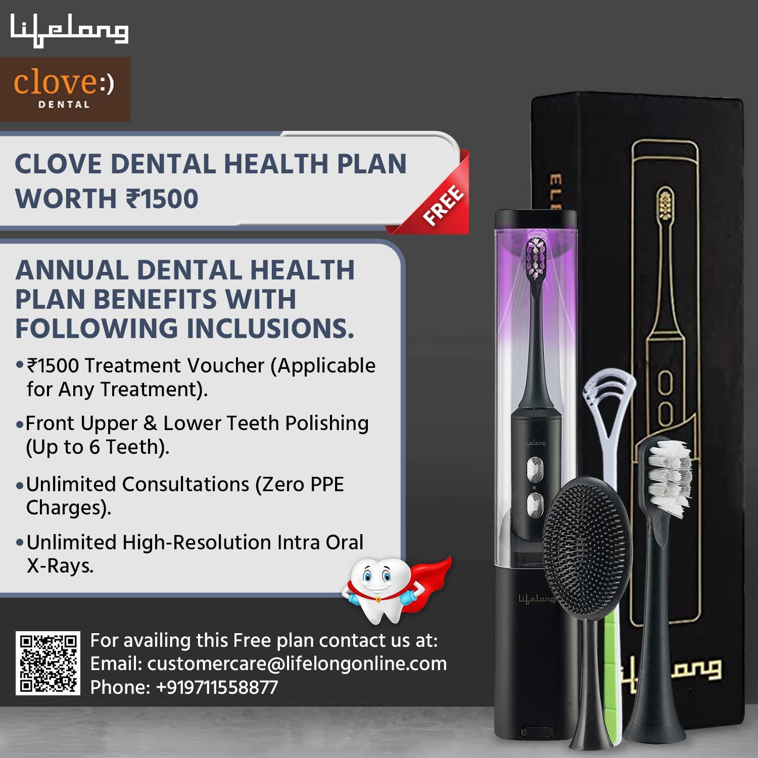 Lifelong Lifelong Electric Toothbrush with UV sealed Sterilization|Free Clove Dental Care Plan|3X Plaque Removal | Ideal for Sensitive Gums & Teeth, Fresh Breathe & Brighter Smile |1 Handle,2 Brush Heads,1 Charging cable,1 tongue cleaner| Upgrade to Advanced