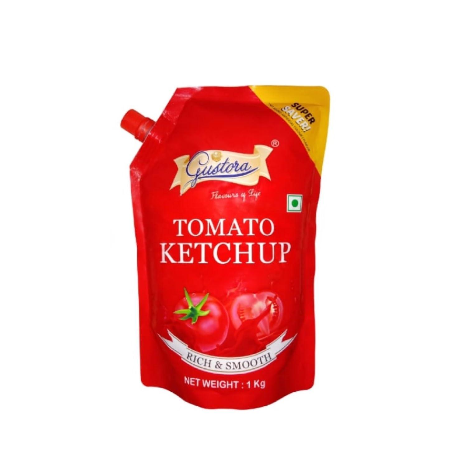 Gustora Gustora Real & Natural Tomato Ketchup I Super Saver Combo I Rich & Smooth I Vegetarian I No Onion No Garlic Jain Tomato Ketchup (950 gm) I No Preservatives & Artificial Color (1.95 Kg)