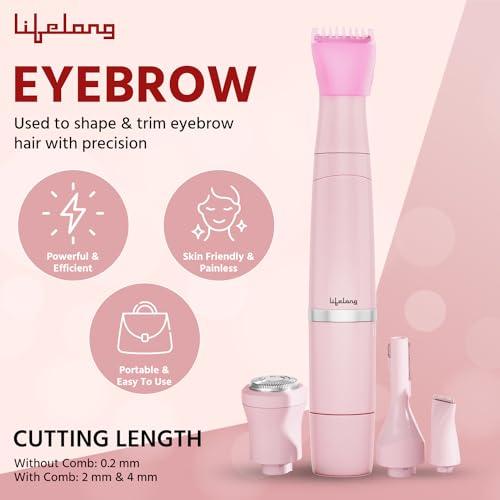 Lifelong Lifelong Rechargeable Body Hair Trimmer for Women | 1 Year Warranty | 4 in 1 Women Full Body Trimmer for Bikini, Face, Full Body, Nose, Ear, Eyebrow, Underarms Trimmer | 60 Minutes Runtime | Hair Removal Machine for Women (Pink)