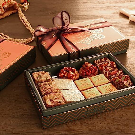 ANAND ANAND Sweets Raksha Bandhan/Rakhi Royal Delicacies Gift box | Assorted Sweets (375g) + Rakhi + Greeting card combo/Rakhi Set | Mouth Watering Pure Desi Ghee sweets | For brother, sister, bhabhi