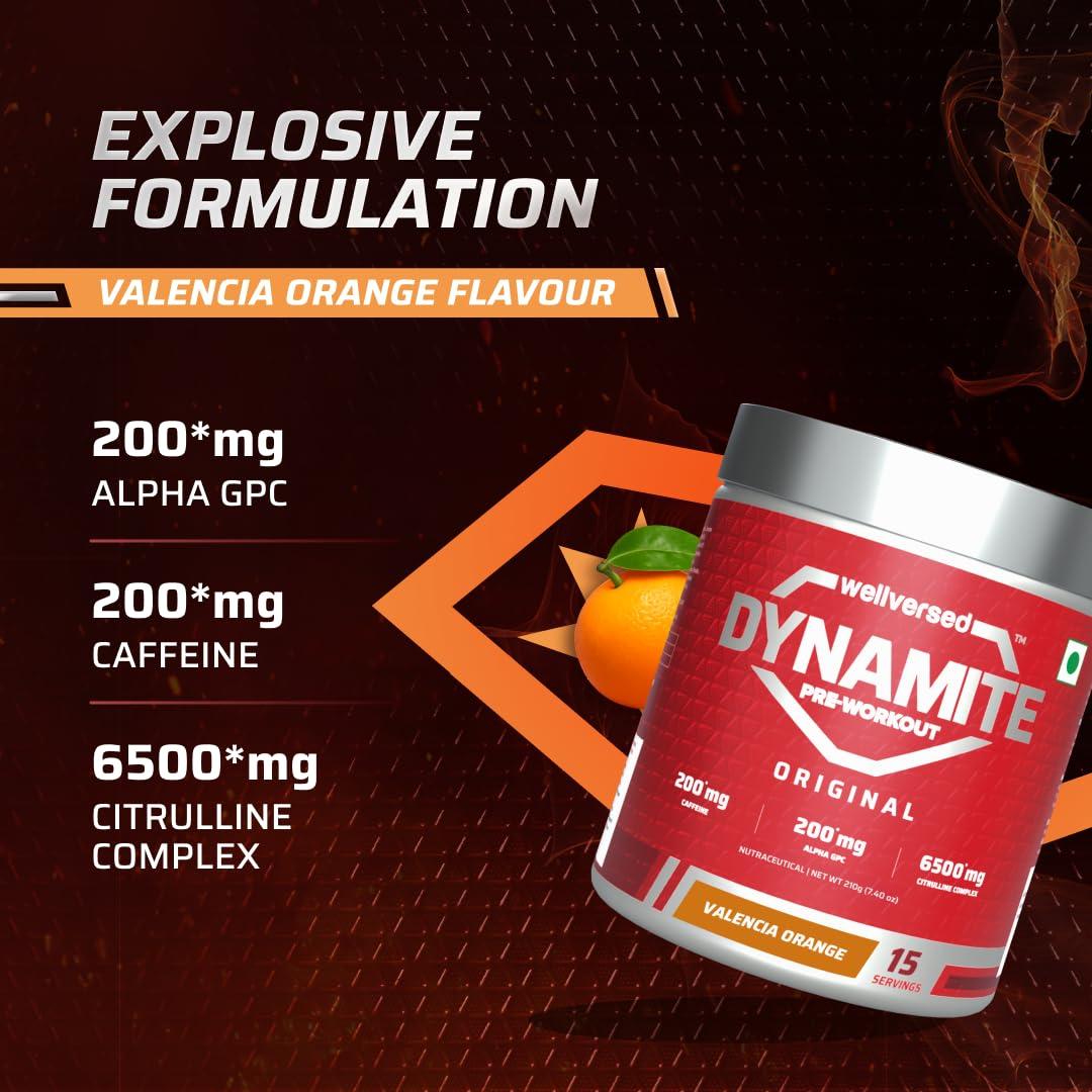 Wellversed Dynamite Dynamite Pre-Workout (210g, 15 Servings) | Valencia Orange | Pre-Workout For Men & Women With 200mg Alpha GPC | 200mg Caffeine | 6500mg Citrulline Complex | 1000mg Creatine