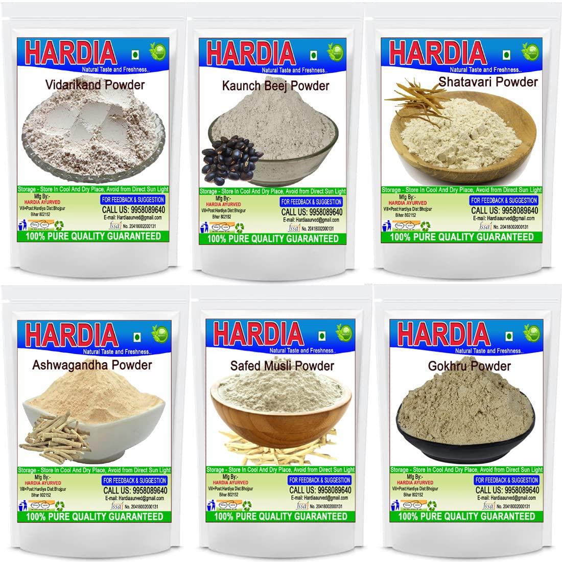 Hardia Hardia safed musli, shatavari, kaunch beej, ashwagandha, gokhru vidharikand, churna powder 300gm combo pack (50 gm each)