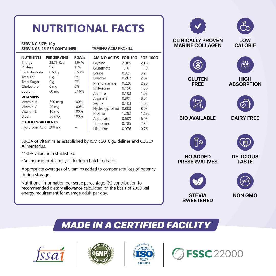 Nature's Island Nature's Island Skin Glow Collagen Powder (Mango, 250g) , Marine Collagen Supplements for Women & Men With Biotin, Vitamin A, C, E, Hyaluronic Acid, for Glowing Skin, Anti Ageing, Firmness, Elasticity, Healthy Hair and Nails.