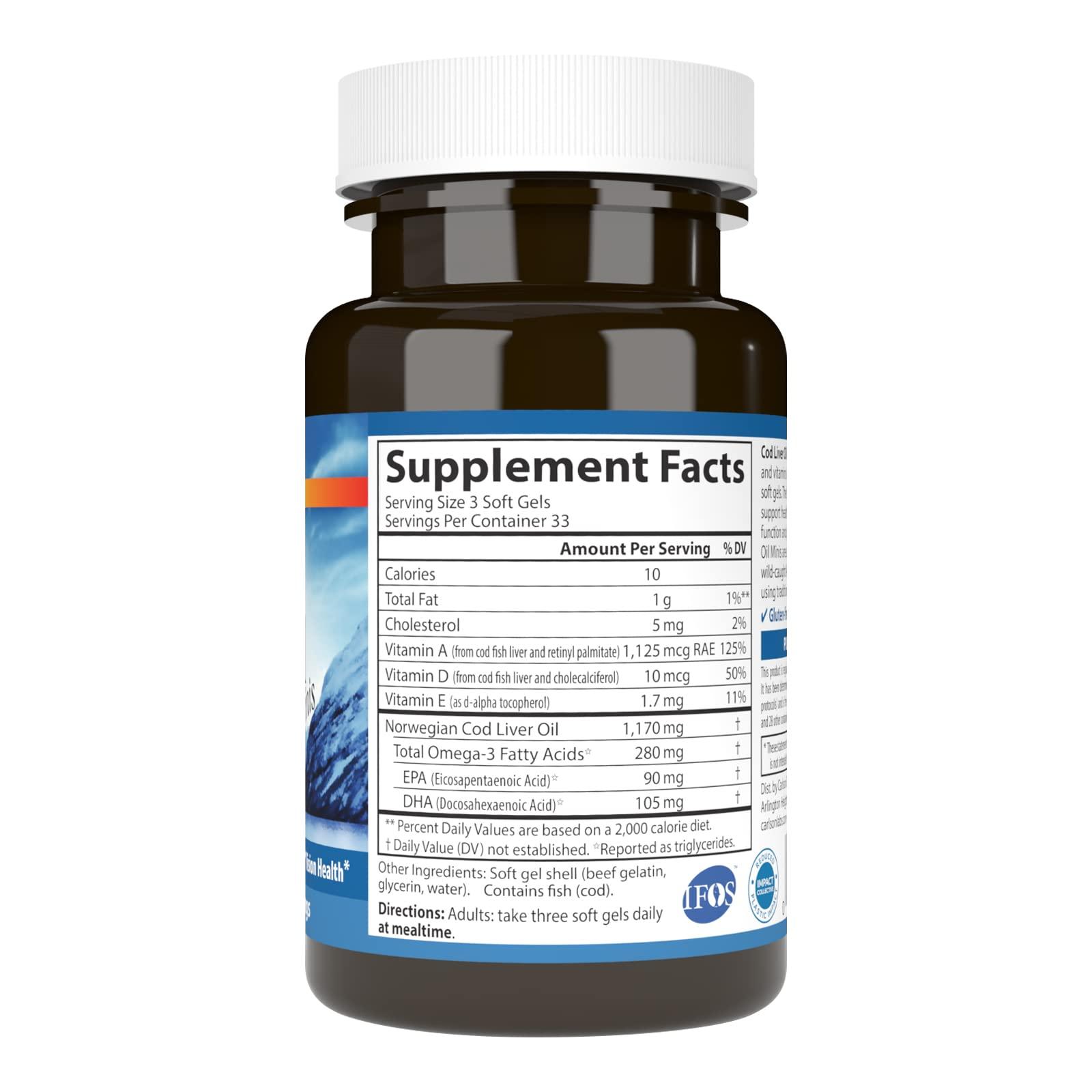 Carlson Carlson Labs Norwegian Cod Liver Oil, A natural source of Vitamins A and D, 100 Softgels