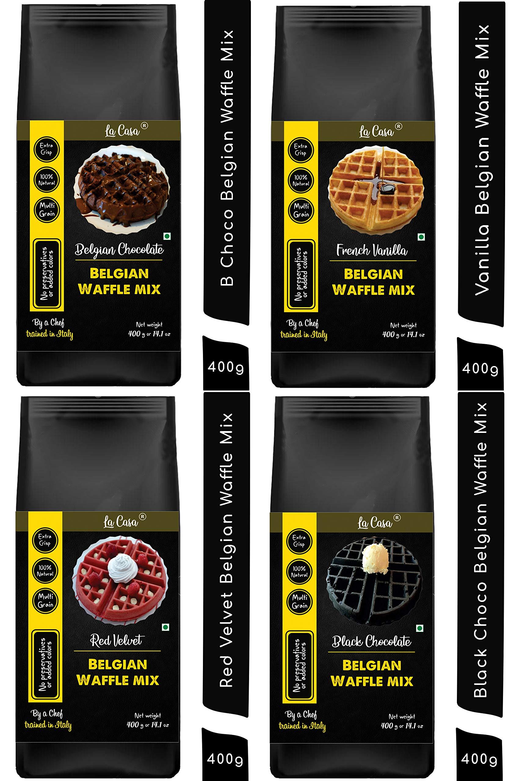 La Casa La Casa French Vanilla + Chocolate + Red Velvet + Black Choco Belgian Waffle Mix | Combo Pack | Pancake Mix | Multigrain | Vegan | Egg-Less | Extra Crisp | Pack of 4 | 1.6 Kgs |