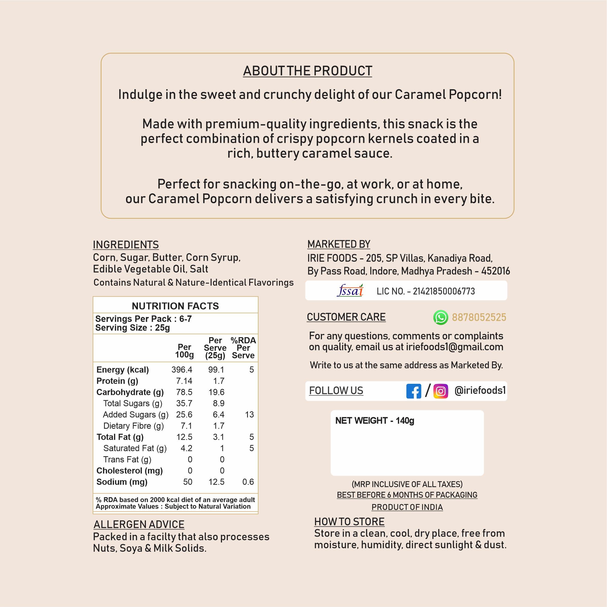 IRIE IRIE Caramel Popcorn | Ready-to-Eat Popcorn | Gourmet Flavored Popcorn (Pack of 2 - 150gms Each)