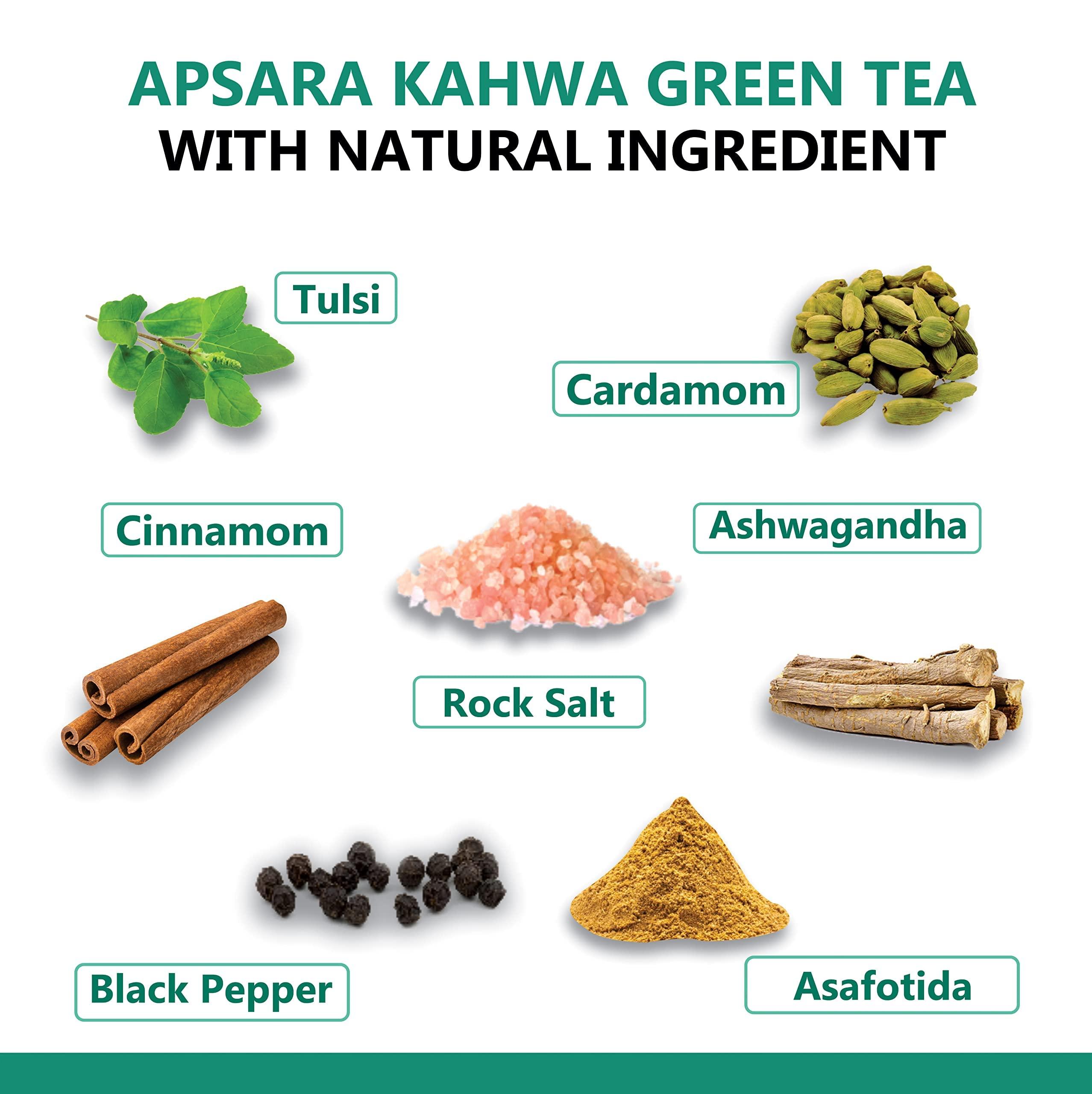 APSARA APSARA Detoxifying Kahwa Green Tea - 100 Tea Bags, Spiced Kashmiri Desi Kahwa Green Tea, Immunity Booster, Blended with Rock Salt, Tulsi, Cardamom, Cinnamon, Black Pepper, Ashwagandha Tea