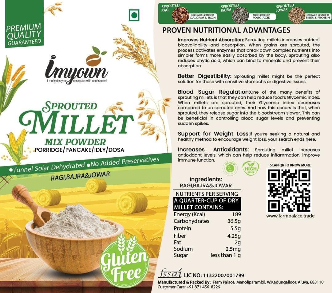 IMYOWN IMYOWN MULTI MILLET SPROUTED POWDER|SPROUTED MILET FLOUR|FINGER MILLET|PEARL MILLET|SORGHUM MILLET|SOAKED SPROUTED AND DEHYDRTED IN TUNNEL SOLAR DRYER |RICH IN FIBRE LOW IN FAT|I PACK 900 GM