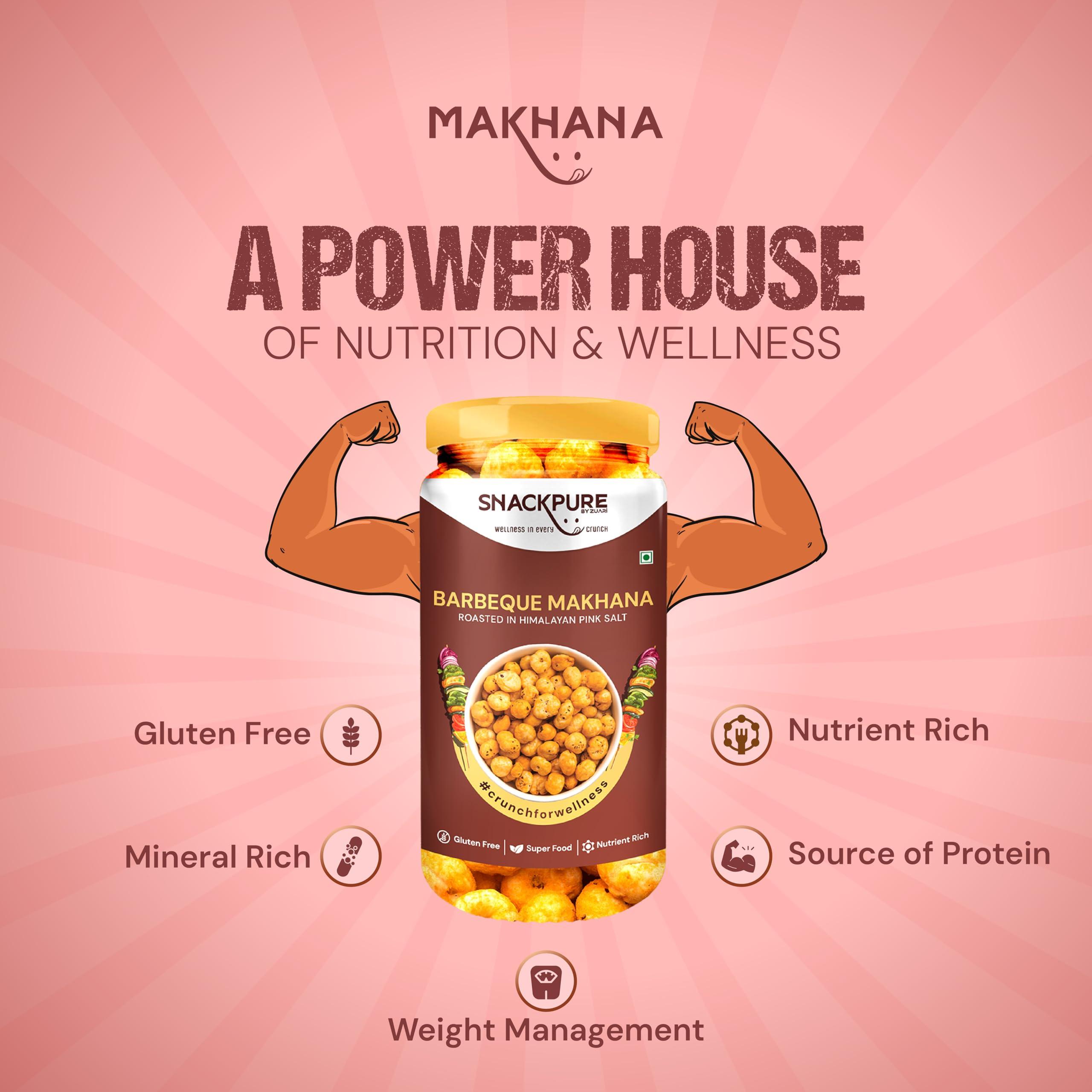 SNACKPURE BY ZUARI wellness in every crunch Snackpure Peri Peri, Barbeque & Tangy Tomato Makhana Combo Pack | Healthy Puffed Snack | Gluten-Free and Trans-Fat-Free Superfood | Nutrient-Rich Foxnut | 225g