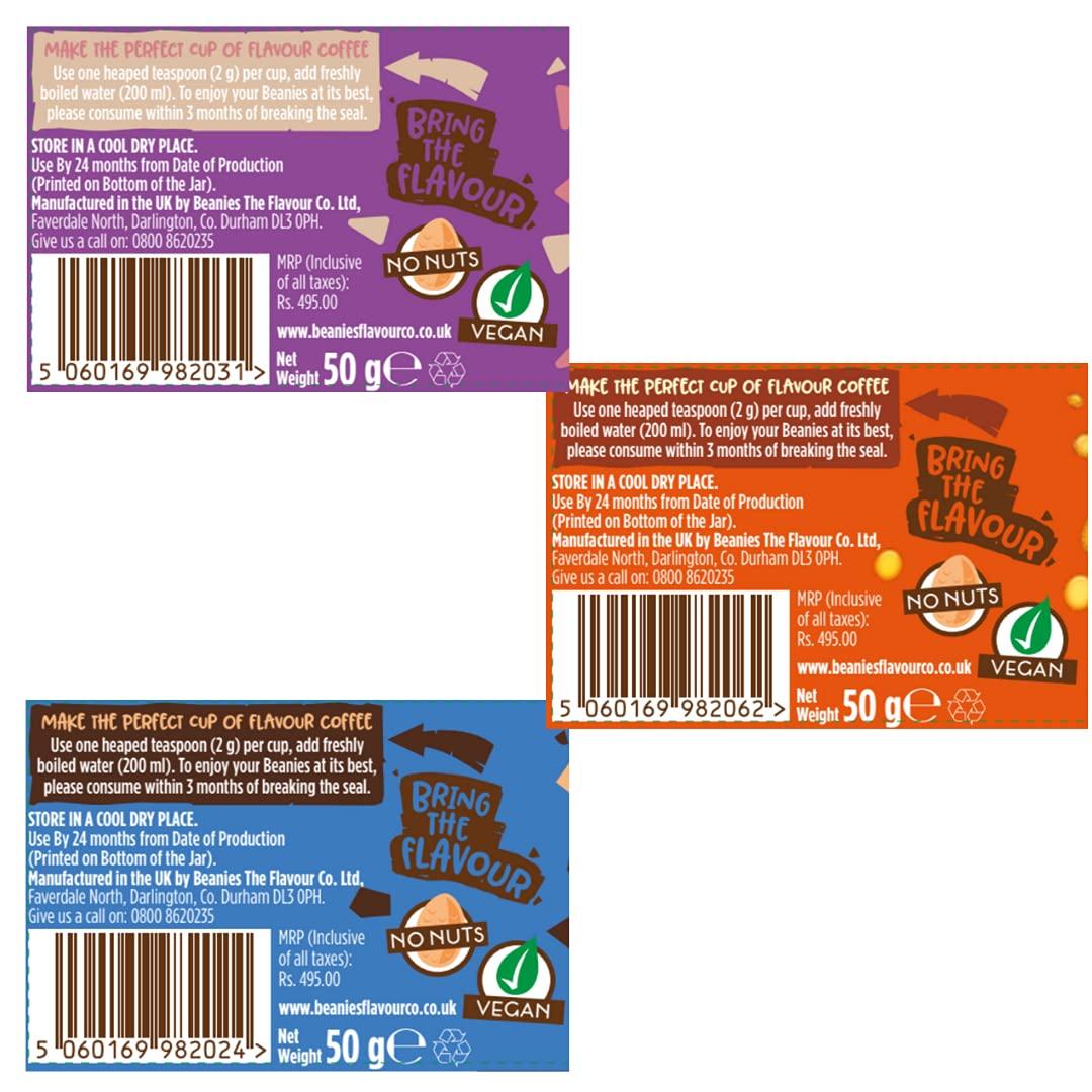 Beanies The Flavour Co Beanies|Instant Flavoured Coffee |Double Chocolate 50g, Creamy Caramel 50g, Nutty Hazelnut 50g|Low Calorie, Sugar Free|Pack of 3